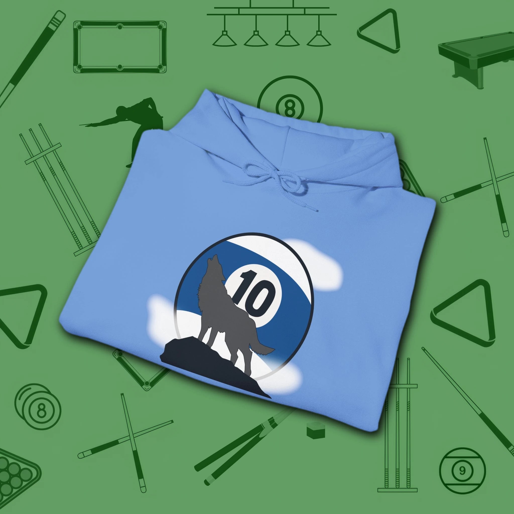 Howling Wolf Hoodie, in Carolina Blue color, billiards shirt, folded view