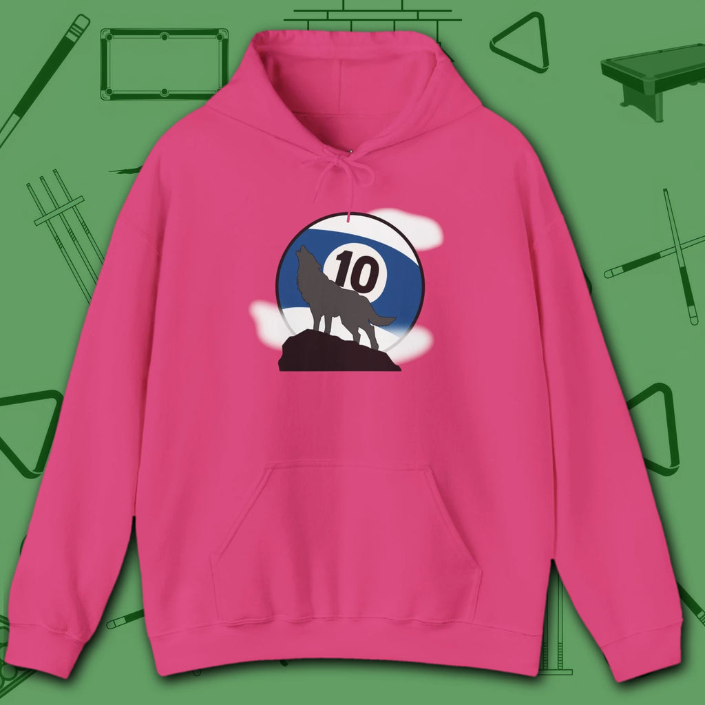 Howling Wolf Hoodie, in Heliconia color, billiards shirt, front view