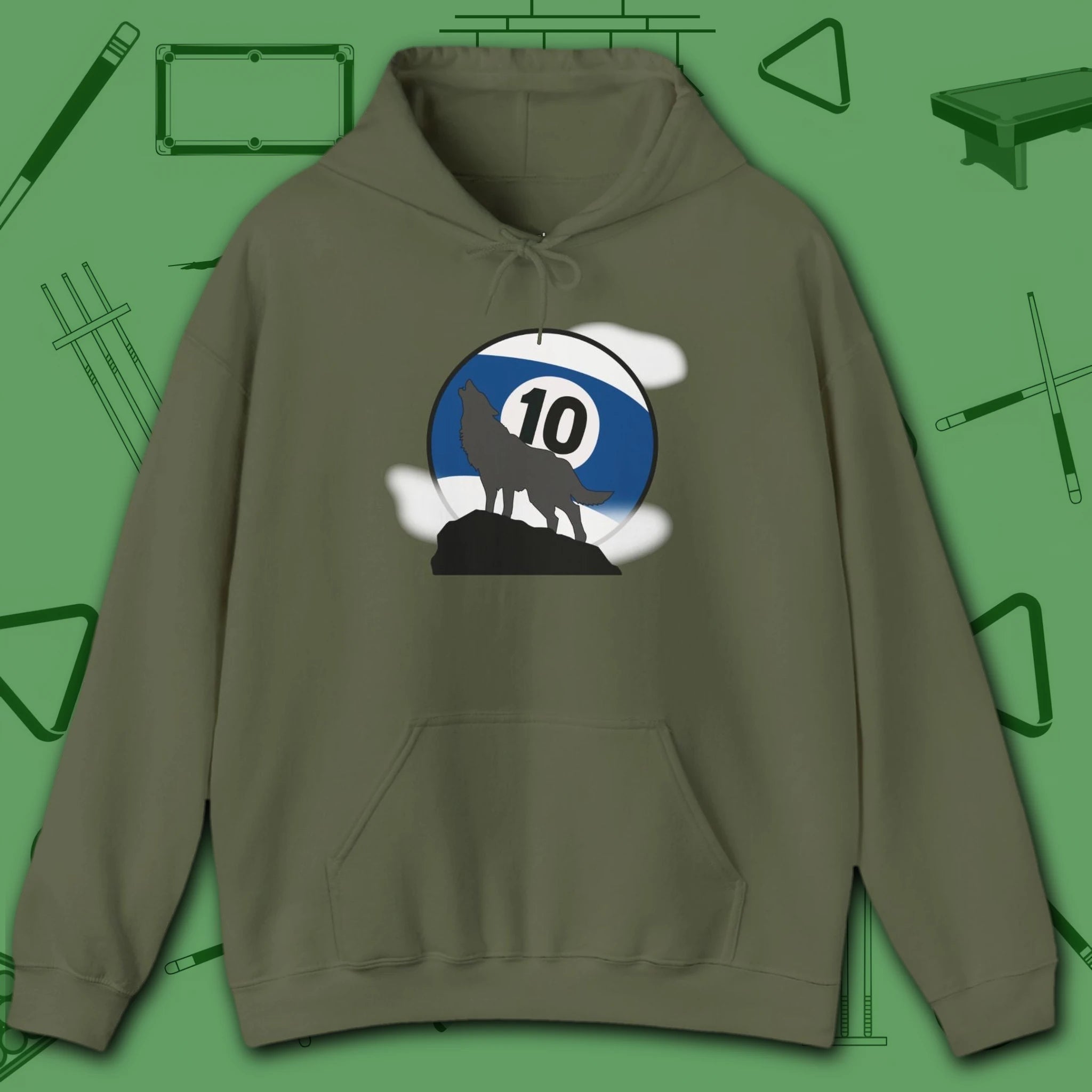 Howling Wolf Hoodie, in Military Green color, billiards shirt, front view