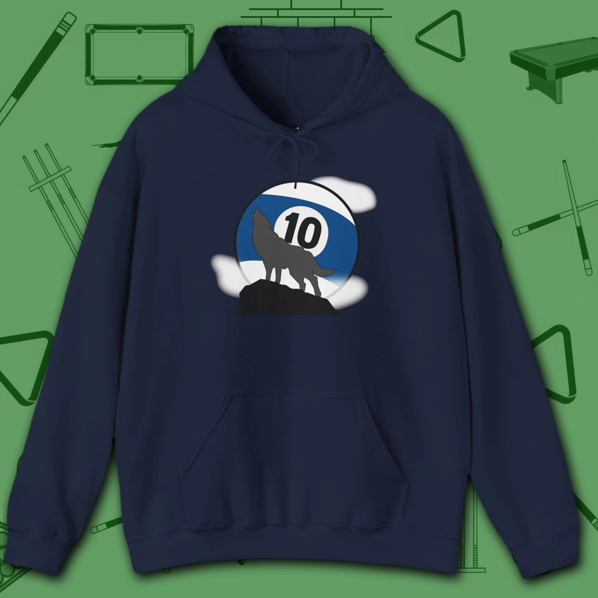 Howling Wolf Hoodie, in Navy color, billiards shirt, front view