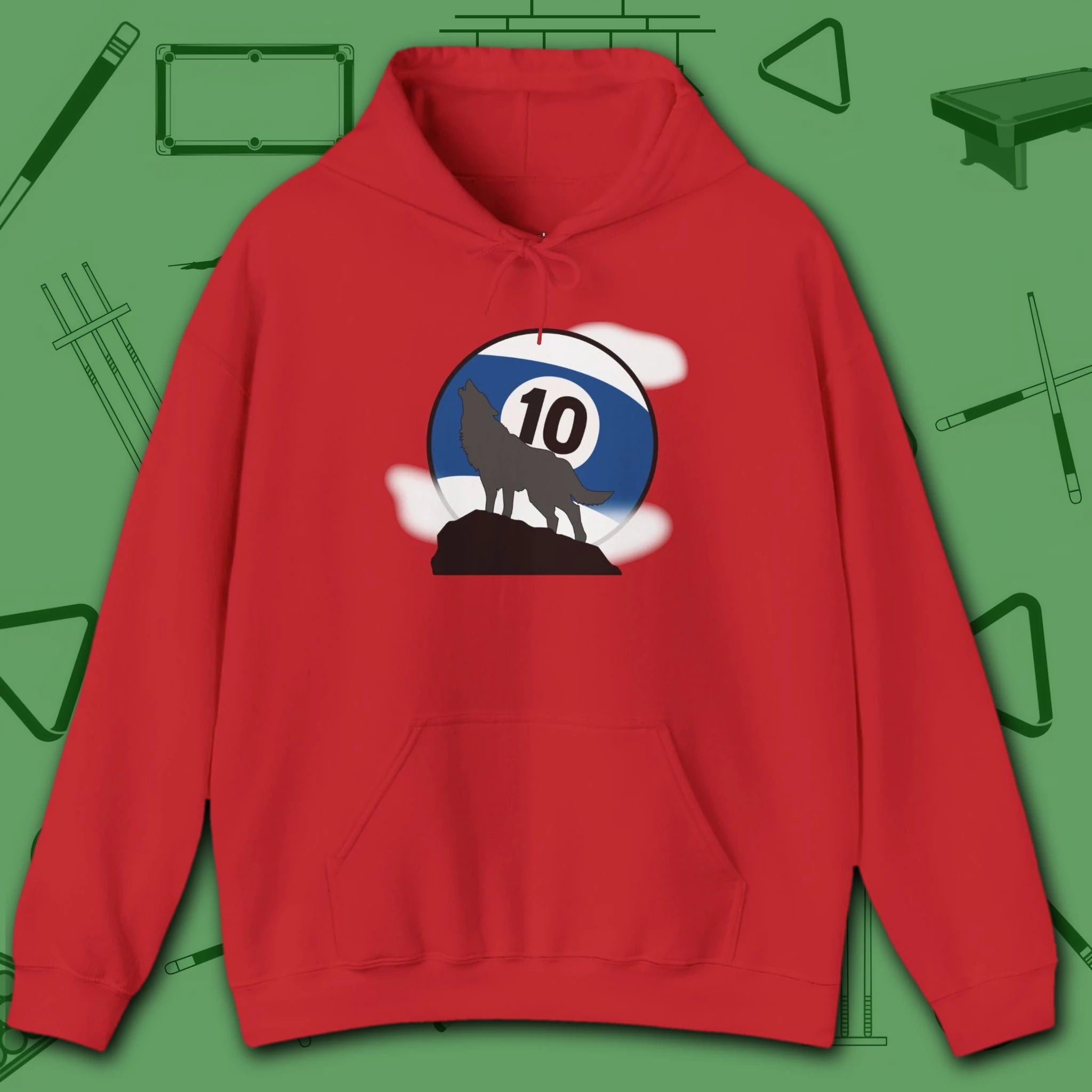 Howling Wolf Hoodie, in Red color, billiards shirt, front view