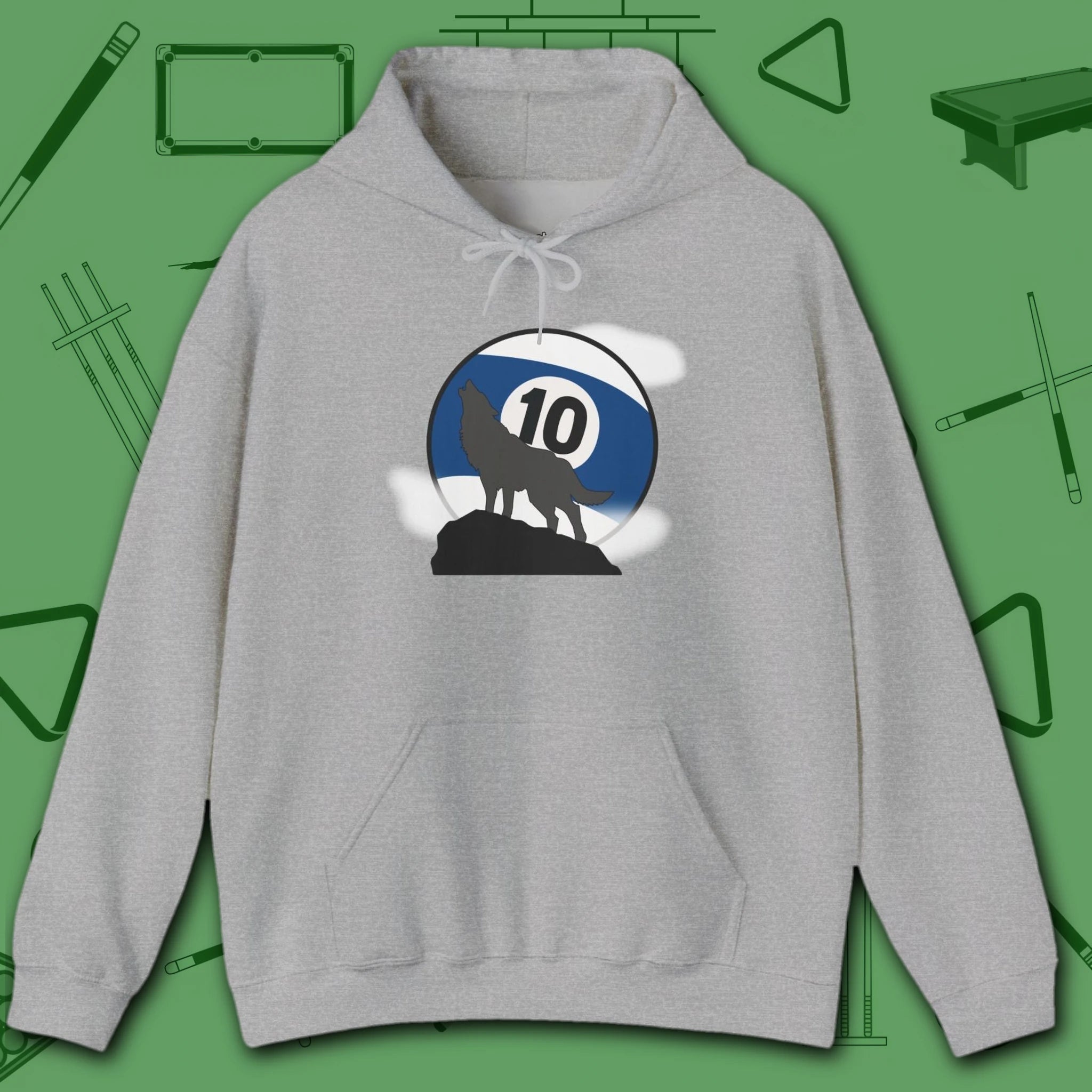 Howling Wolf Hoodie, in Sport Grey color, billiards shirt, front view