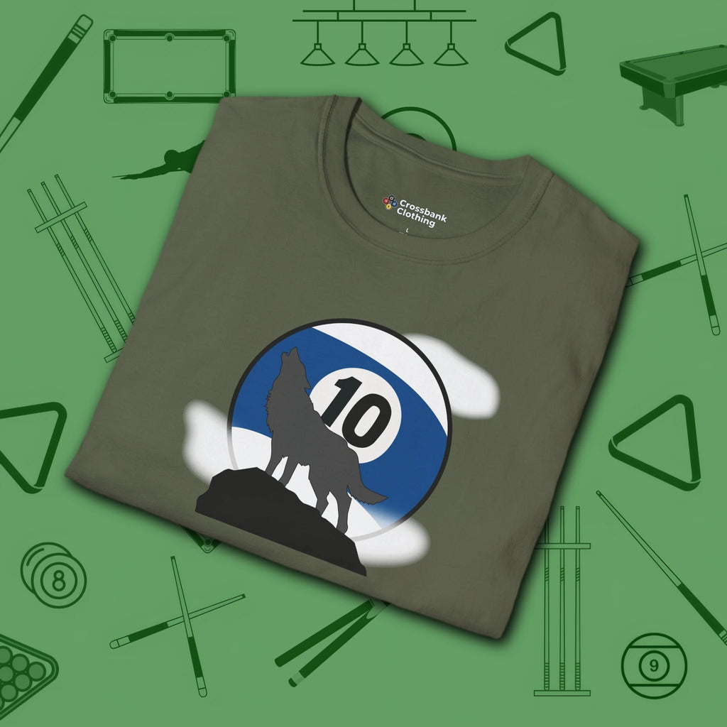 Howling Wolf T-Shirt, in Military Green color, billiards shirt, folded view