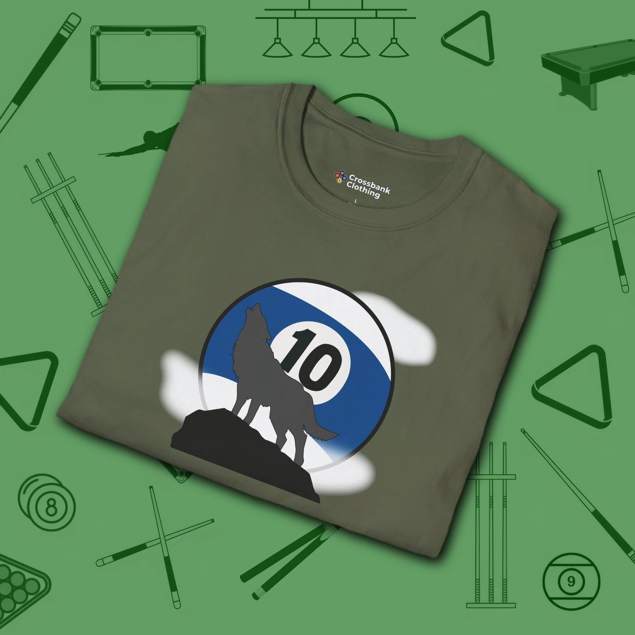 Howling Wolf T-Shirt, in Military Green color, billiards shirt, folded view