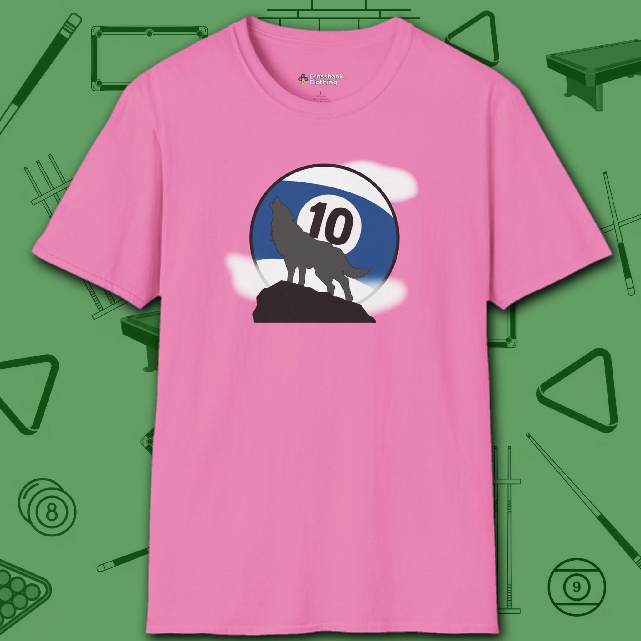 Howling Wolf T-Shirt, in Azalea color, billiards shirt, front view