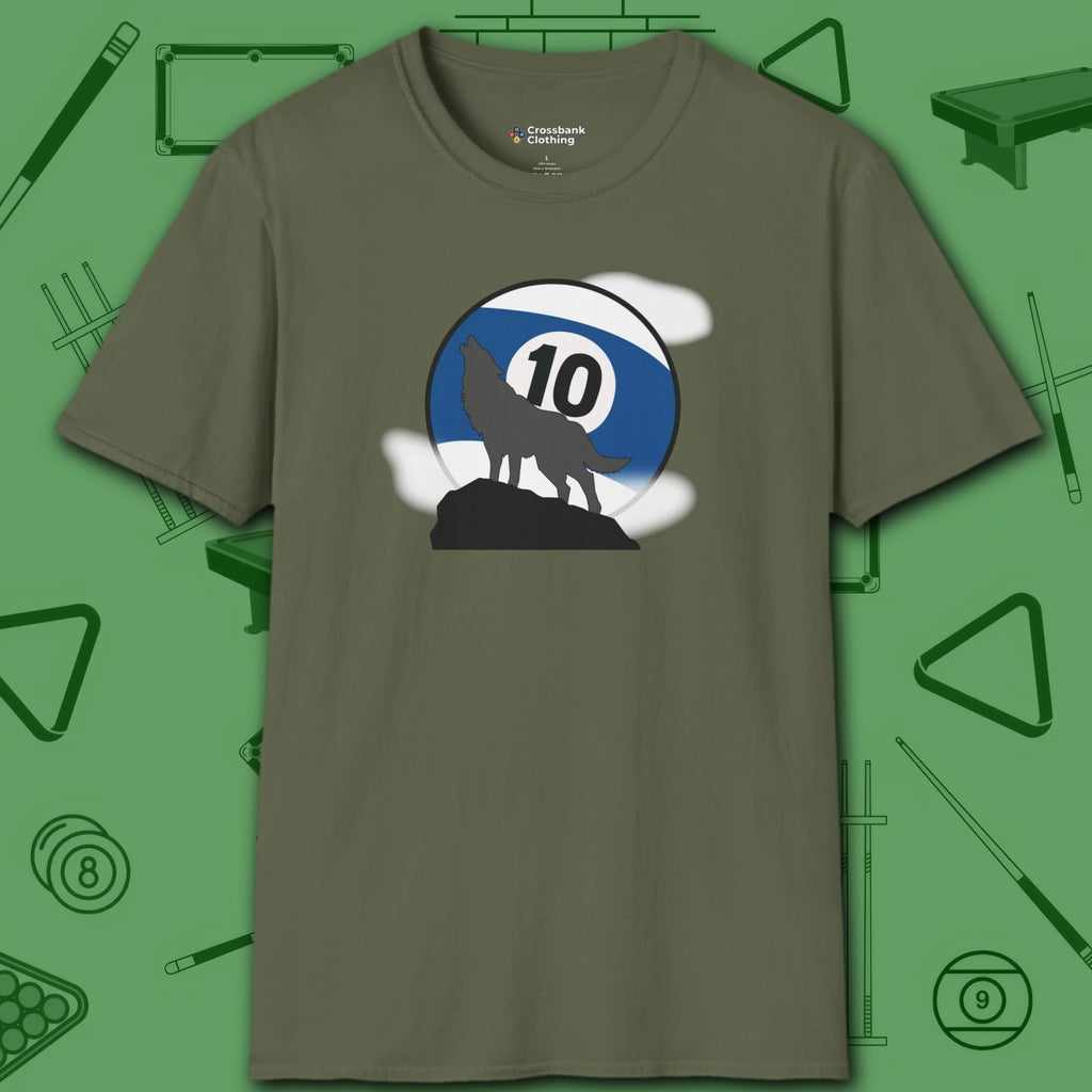 Howling Wolf T-Shirt, in Military Green color, billiards shirt, front view