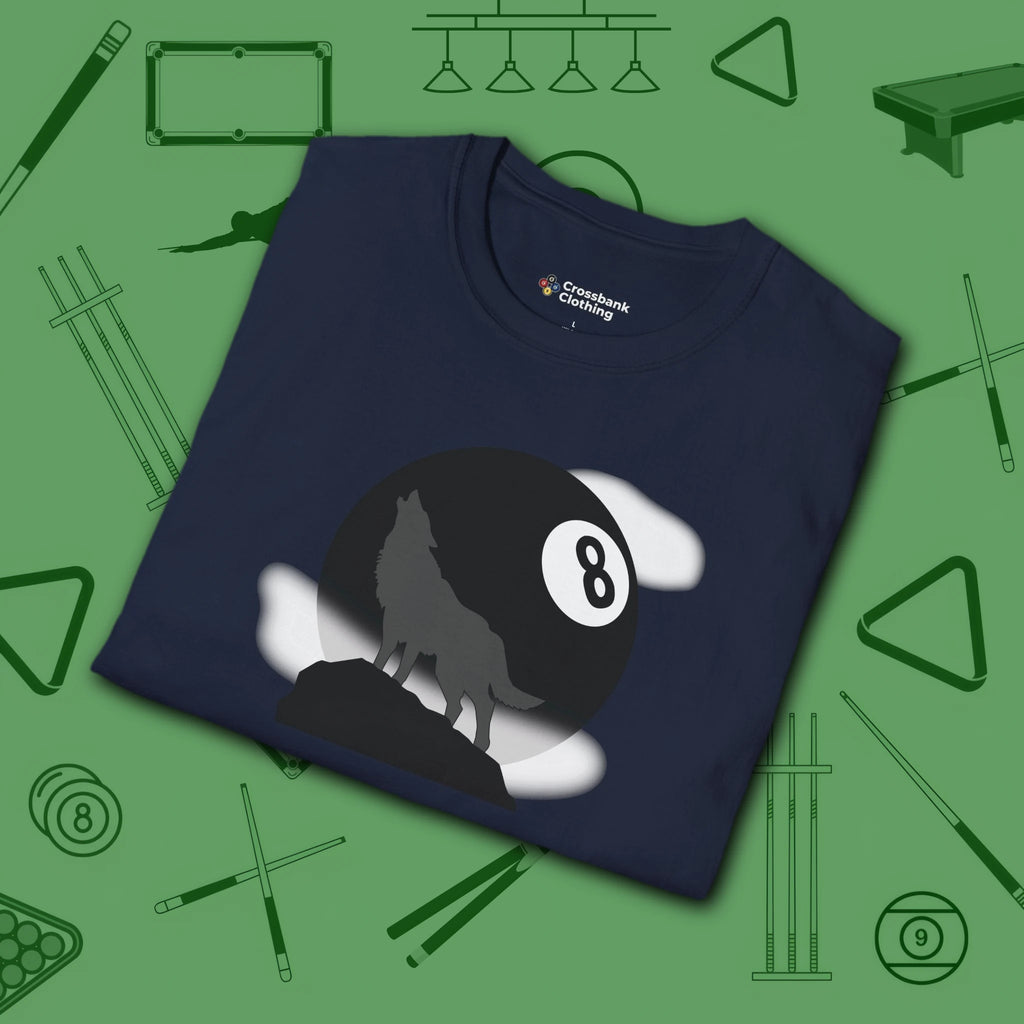 Howling Wolf T-Shirt, in Navy color, billiards shirt, folded view