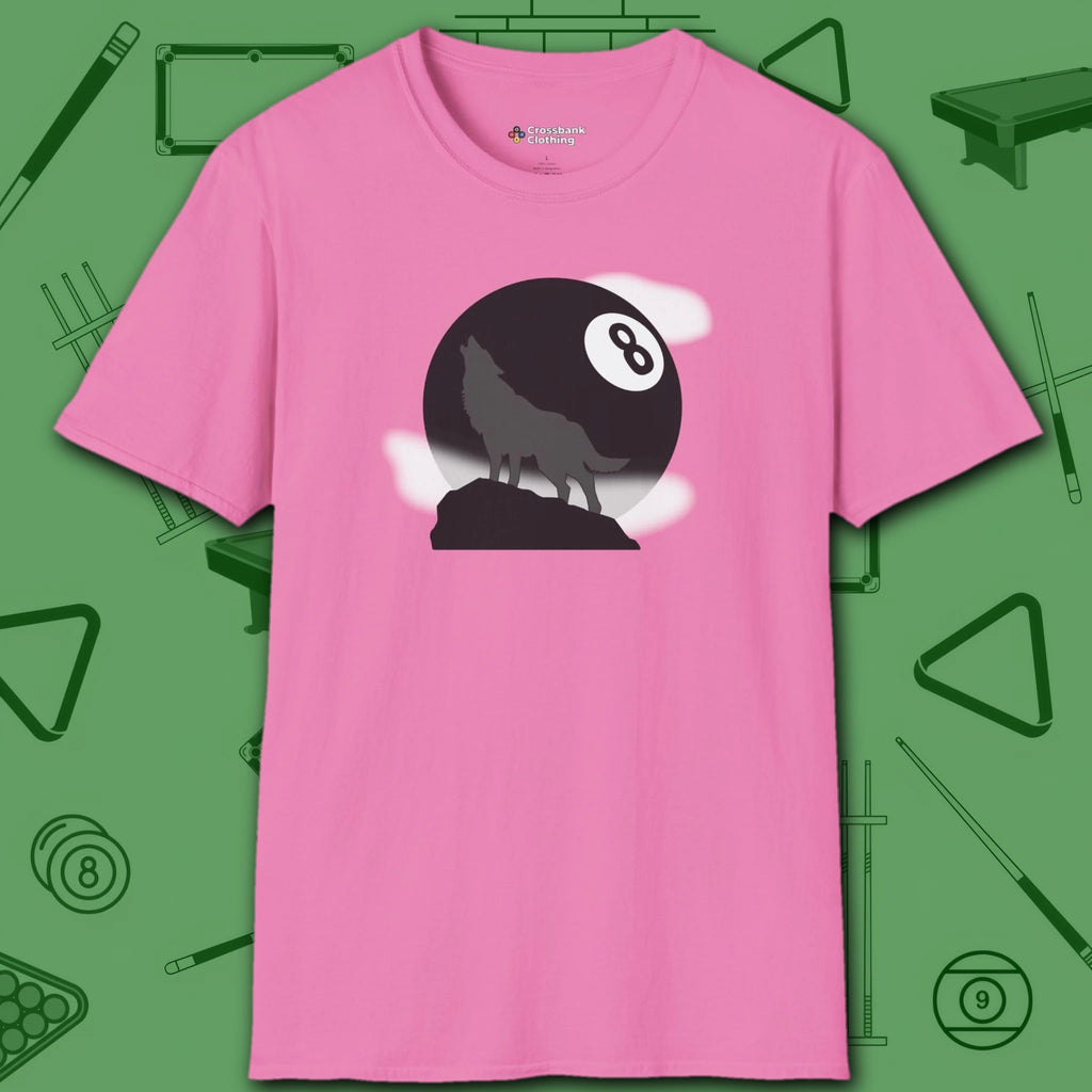 Howling Wolf T-Shirt, in Azalea color, billiards shirt, front view