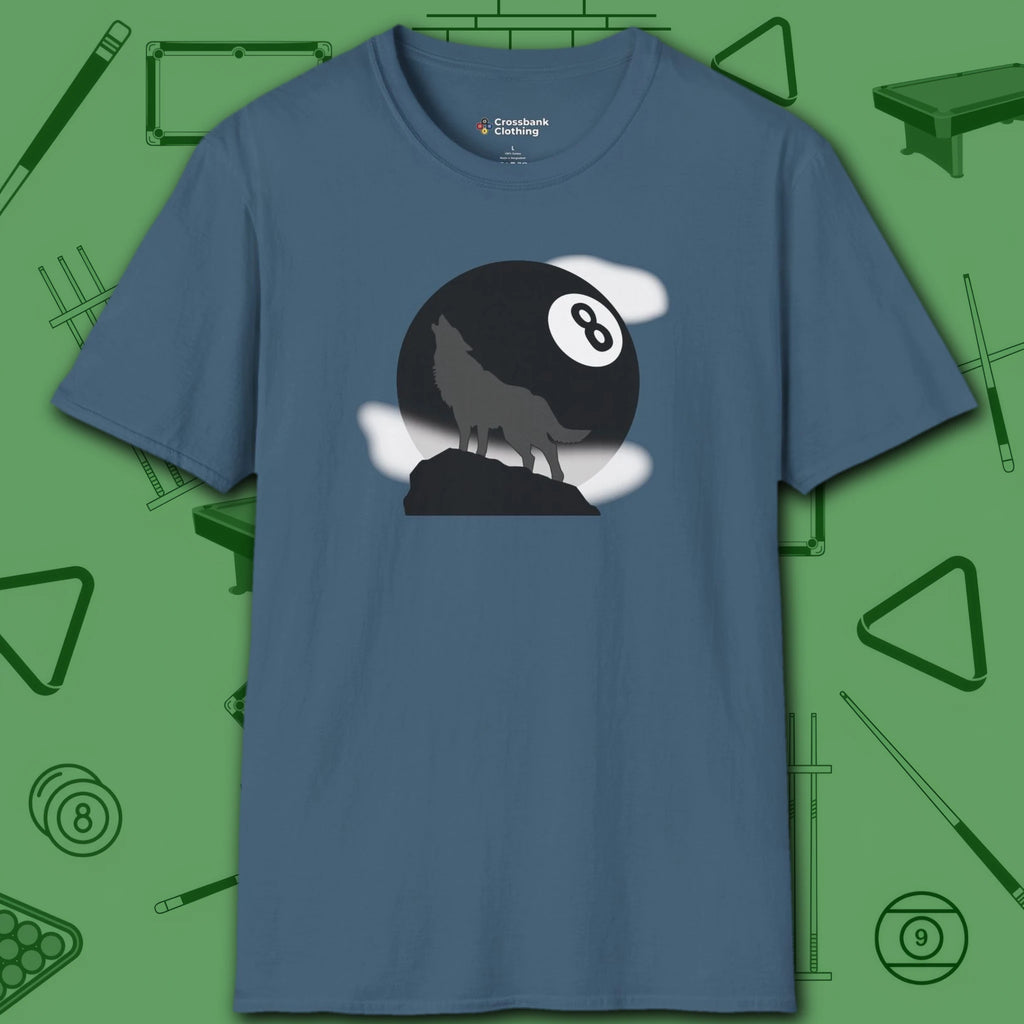 Howling Wolf T-Shirt, in Indigo Blue color, billiards shirt, front view