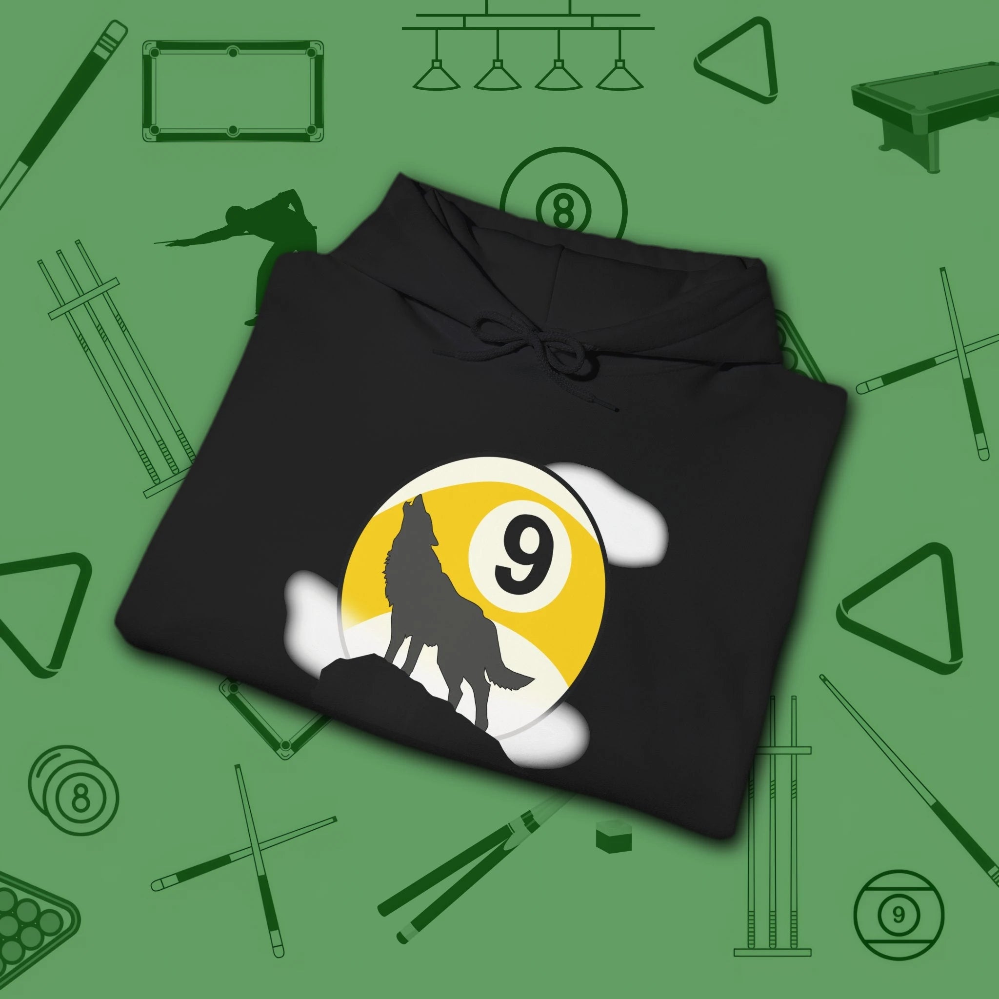 Howling Wolf Hoodie, in Black color, billiards shirt, folded view