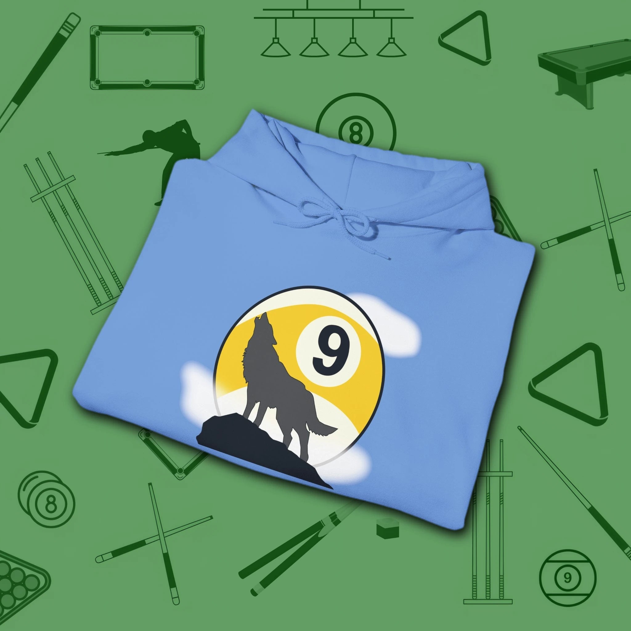 Howling Wolf Hoodie, in Carolina Blue color, billiards shirt, folded view