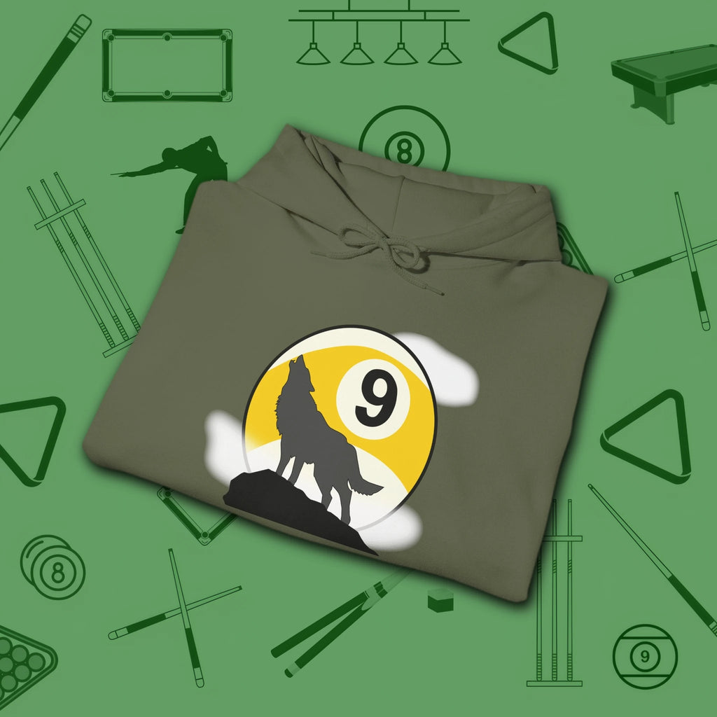 Howling Wolf Hoodie, in Military Green color, billiards shirt, folded view