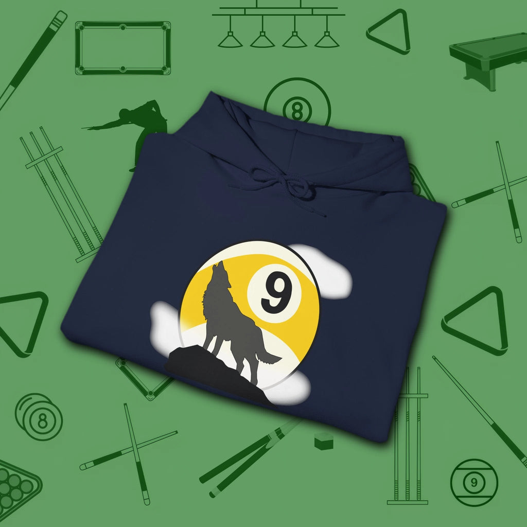 Howling Wolf Hoodie, in Navy color, billiards shirt, folded view