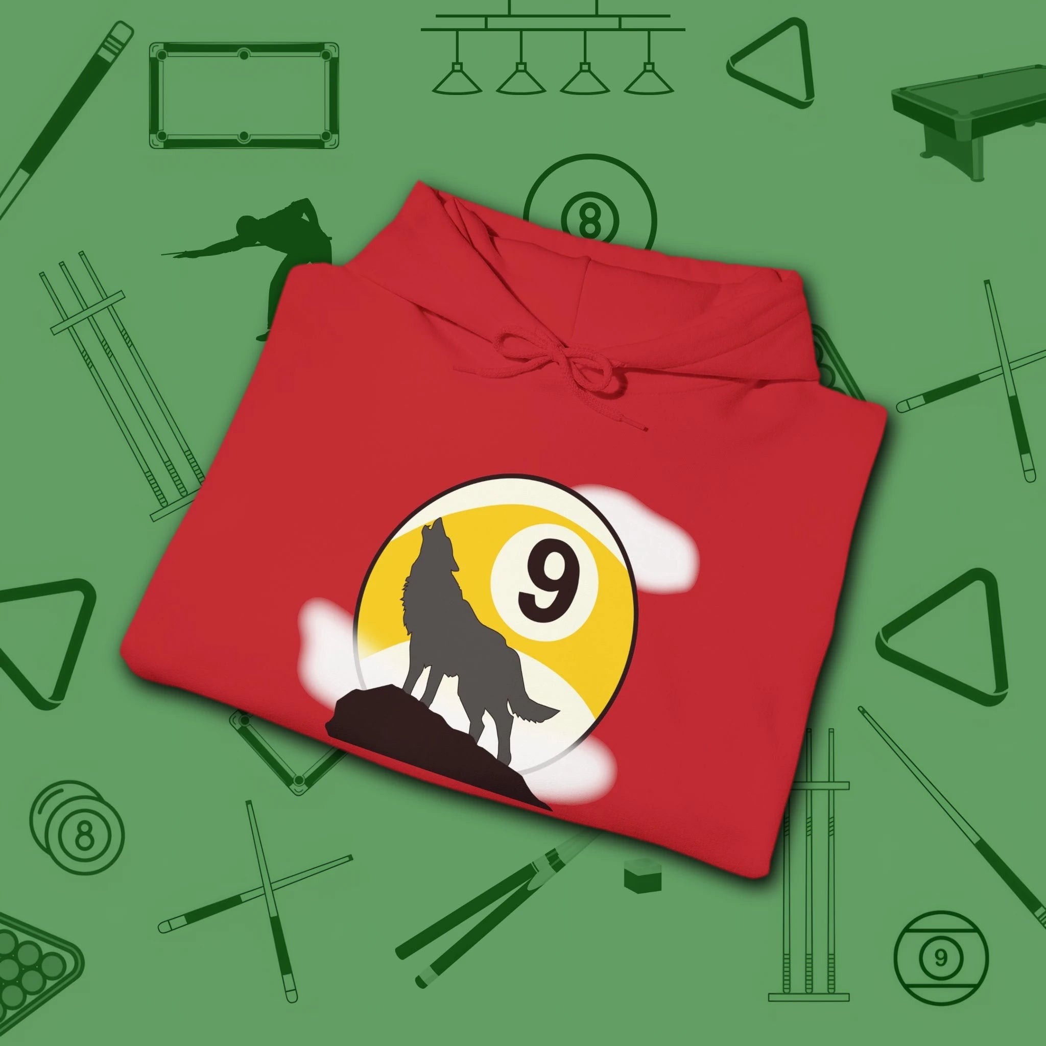 Howling Wolf Hoodie, in Red color, billiards shirt, folded view