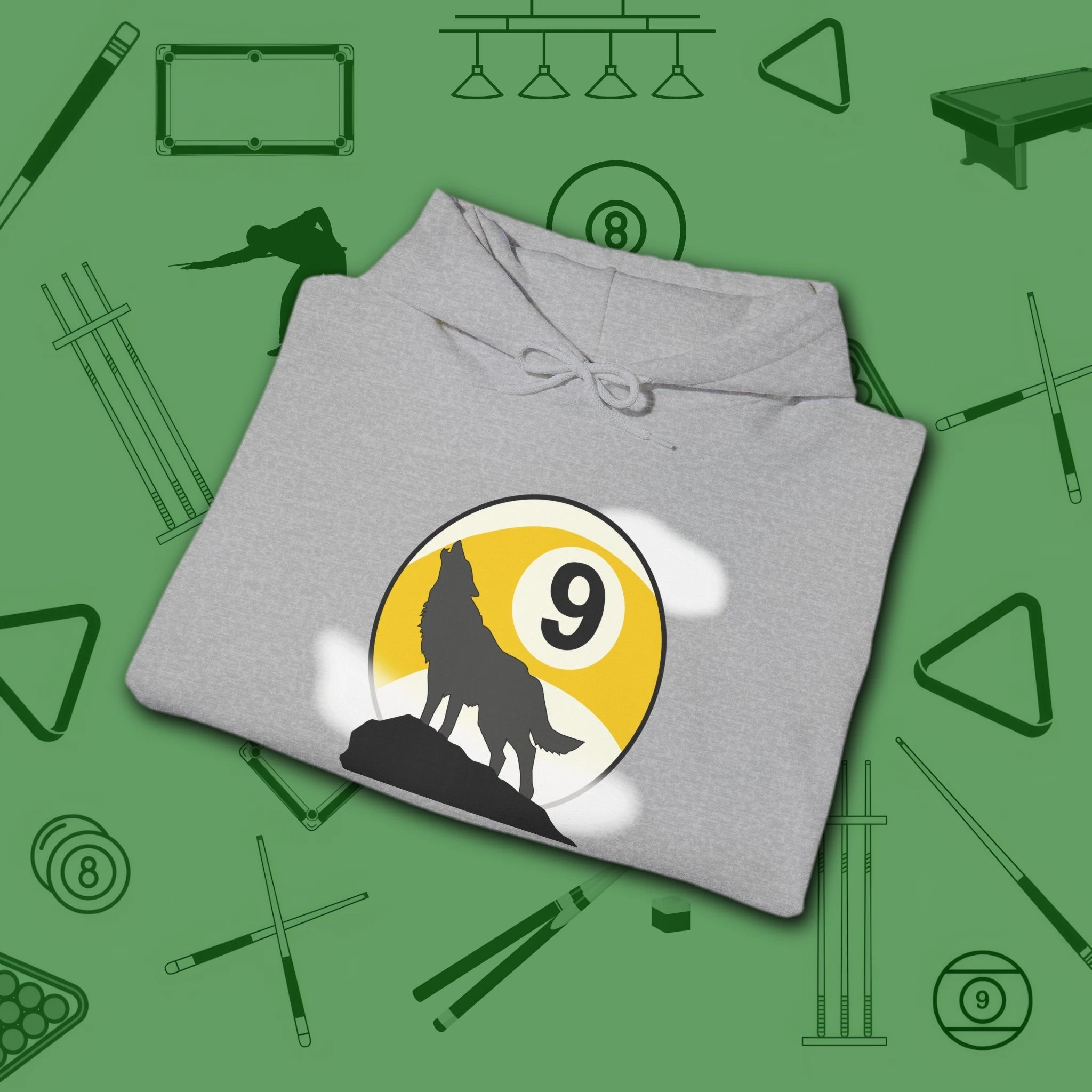 Howling Wolf Hoodie, in Sport Grey color, billiards shirt, folded view