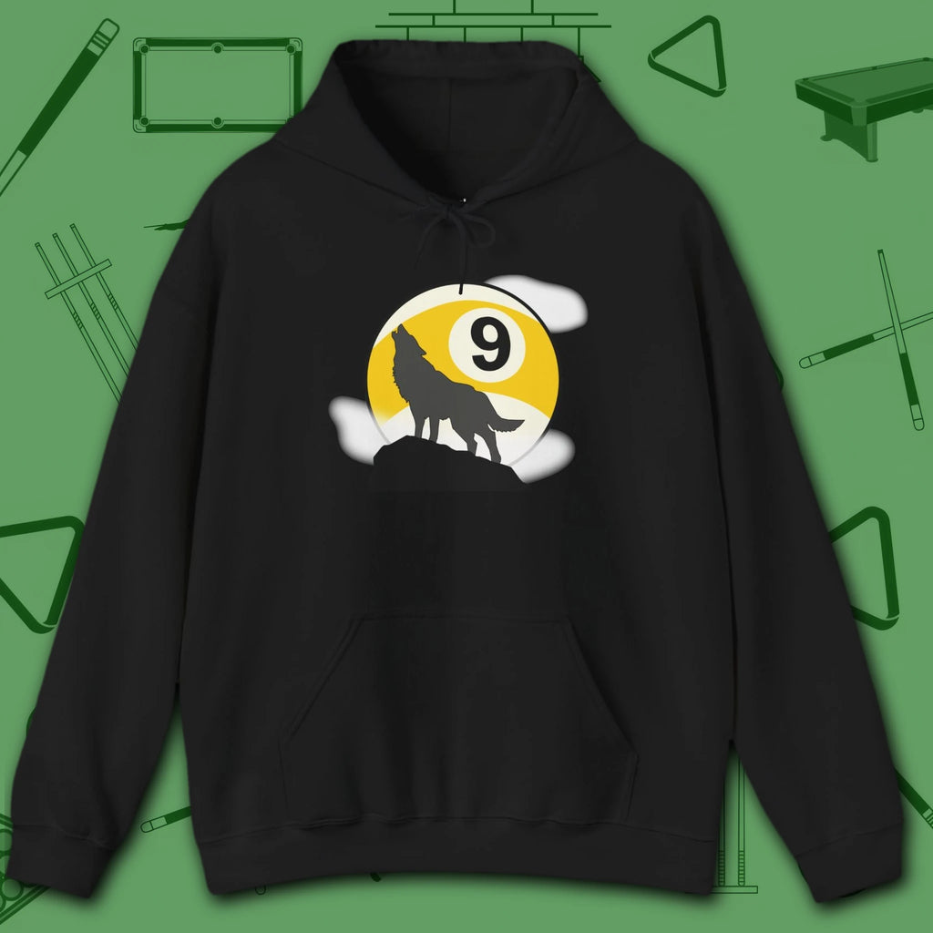 Howling Wolf Hoodie, in Black color, billiards shirt, front view
