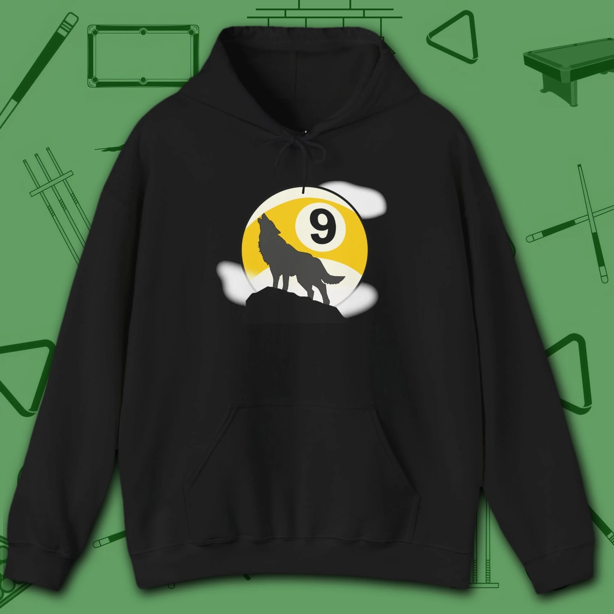 Howling Wolf Hoodie, in Black color, billiards shirt, front view