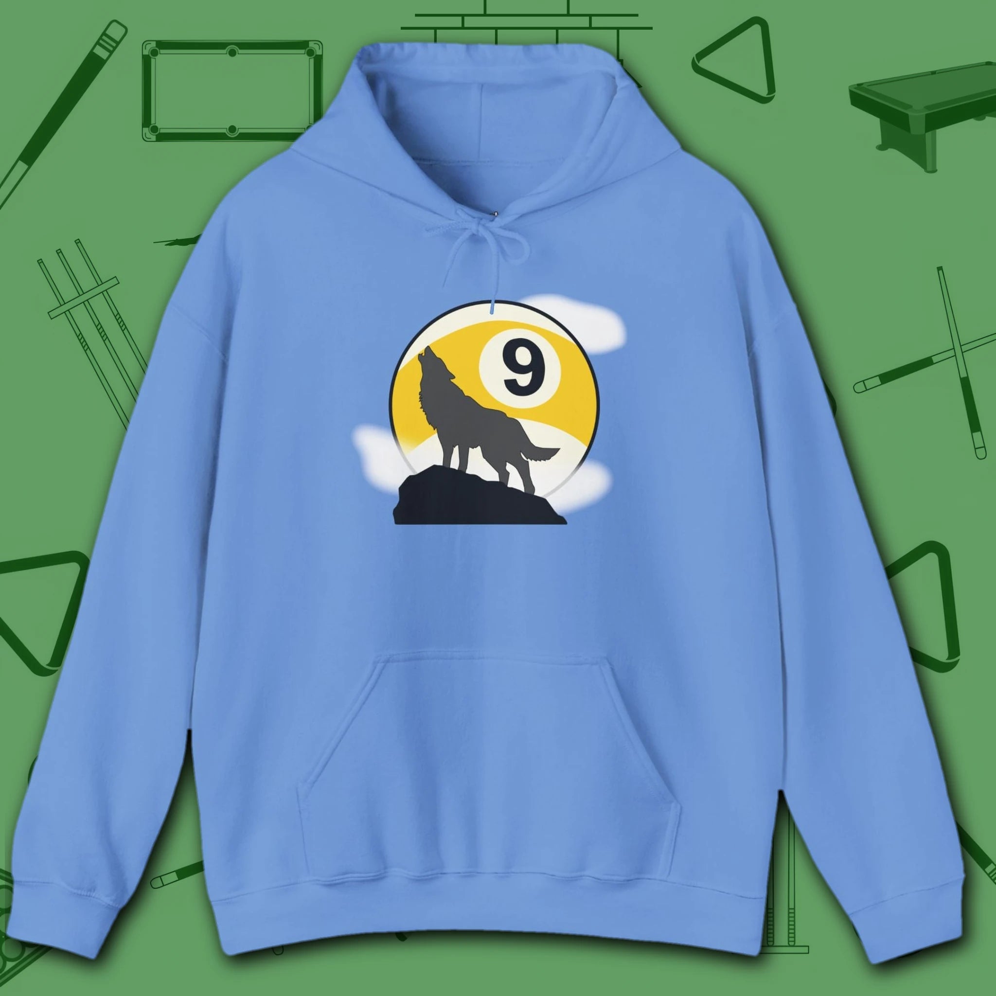Howling Wolf Hoodie, in Carolina Blue color, billiards shirt, front view