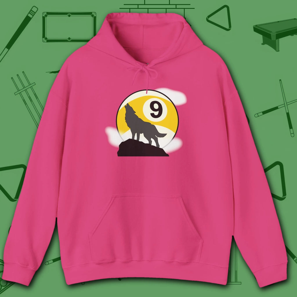 Howling Wolf Hoodie, in Heliconia color, billiards shirt, front view