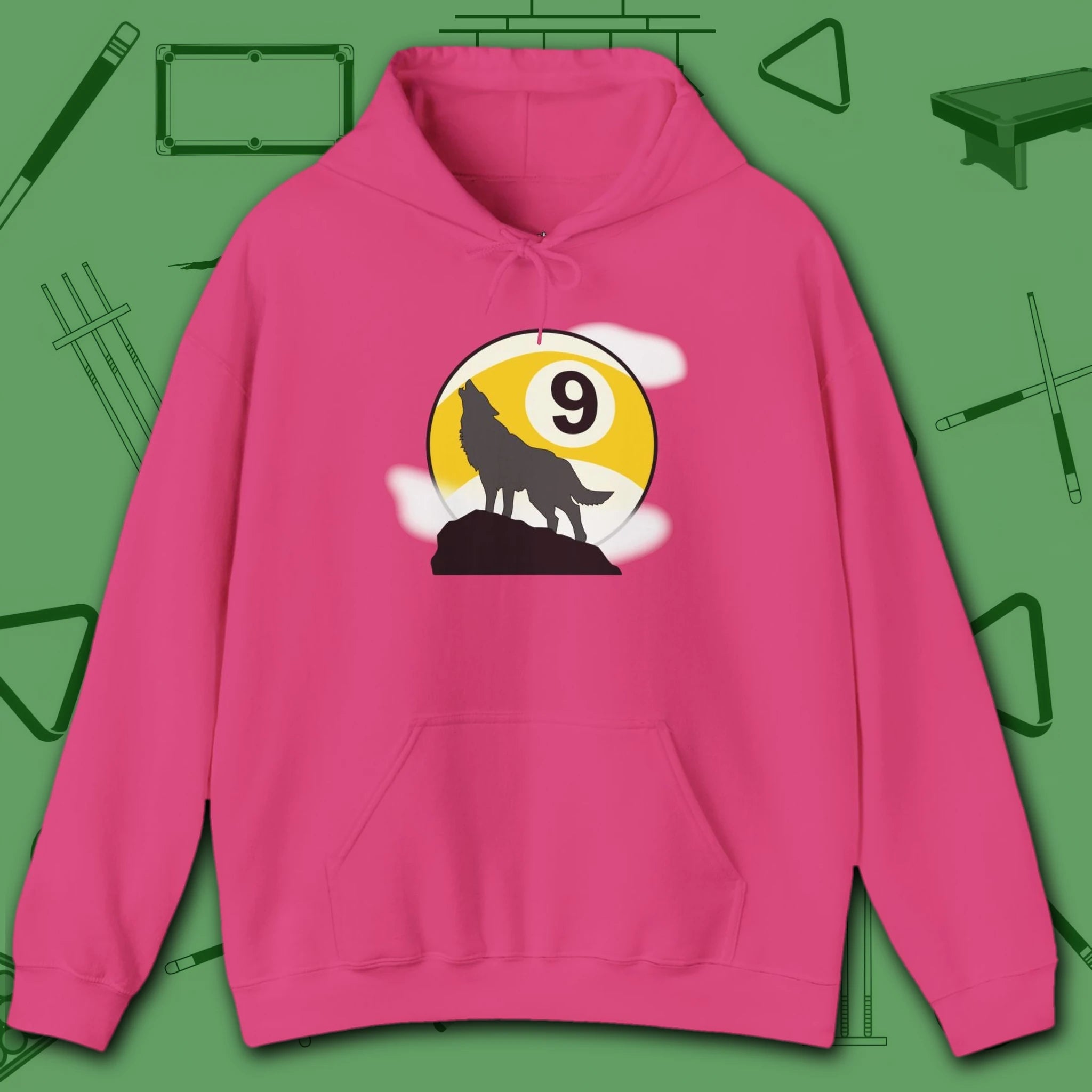 Howling Wolf Hoodie, in Heliconia color, billiards shirt, front view