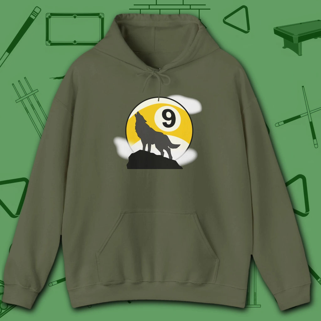 Howling Wolf Hoodie, in Military Green color, billiards shirt, front view