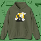 Howling Wolf Hoodie, in Military Green color, billiards shirt, front view