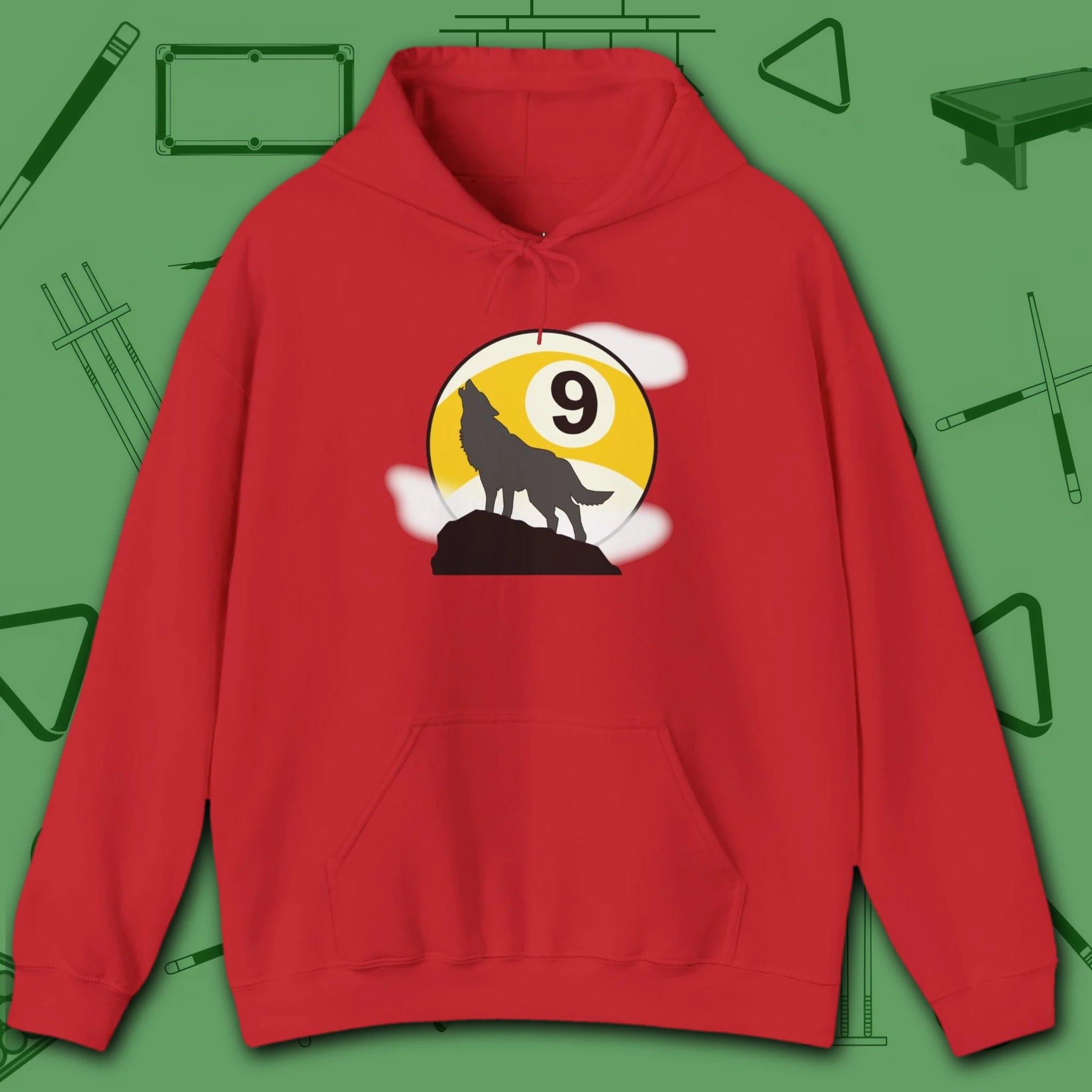 Howling Wolf Hoodie, in Red color, billiards shirt, front view