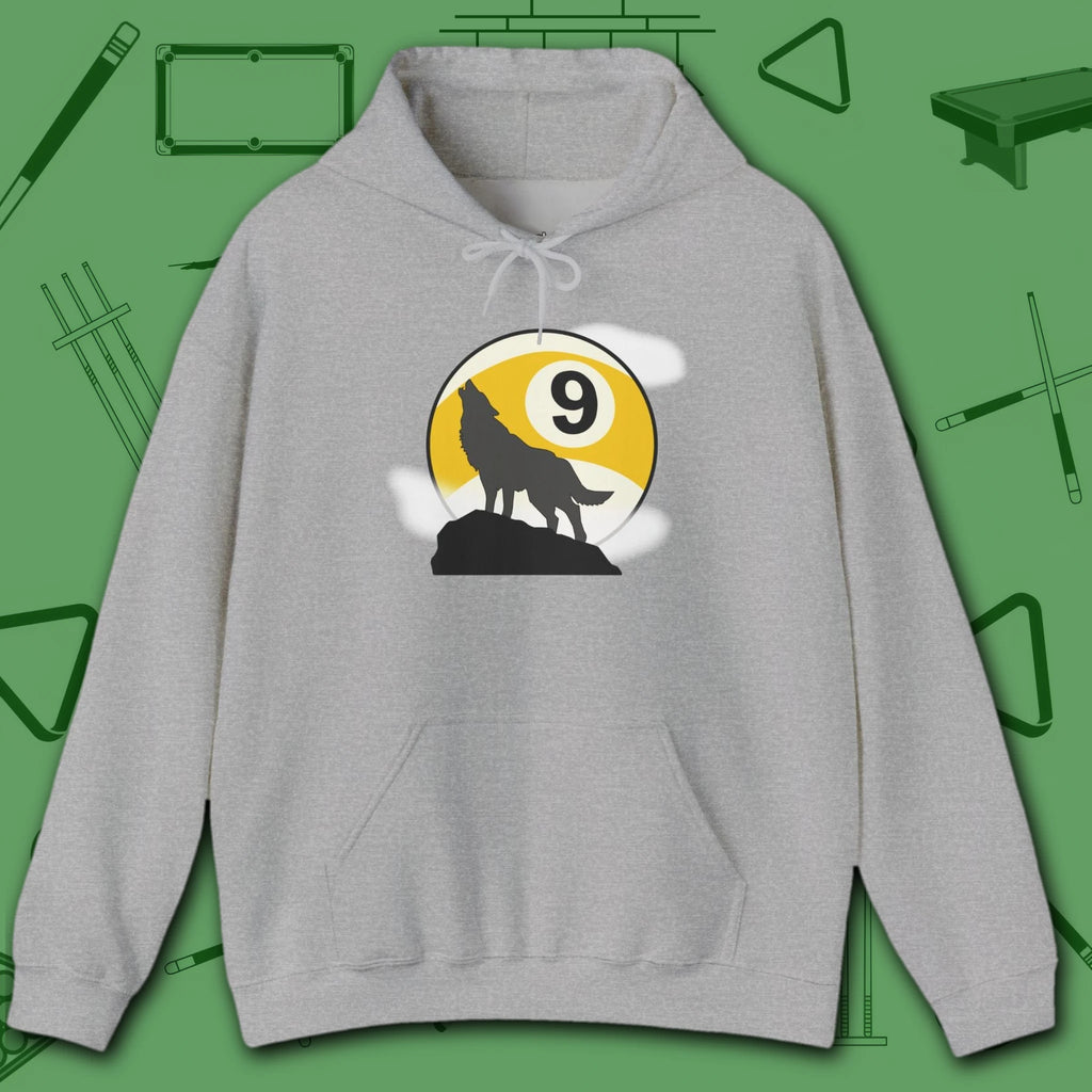 Howling Wolf Hoodie, in Sport Grey color, billiards shirt, front view