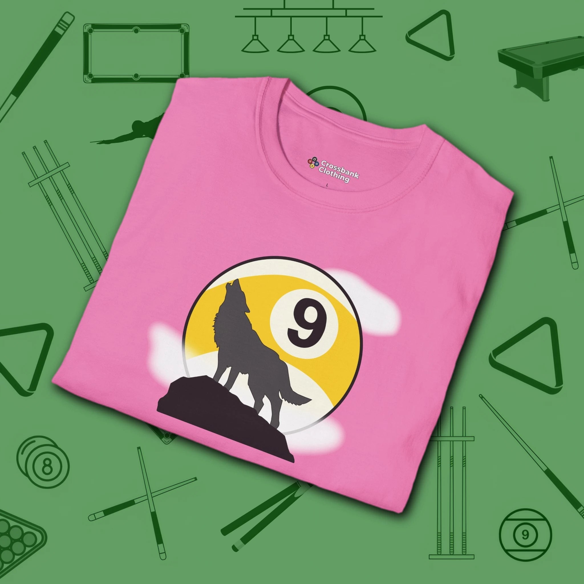 Howling Wolf T-Shirt, in Azalea color, billiards shirt, folded view