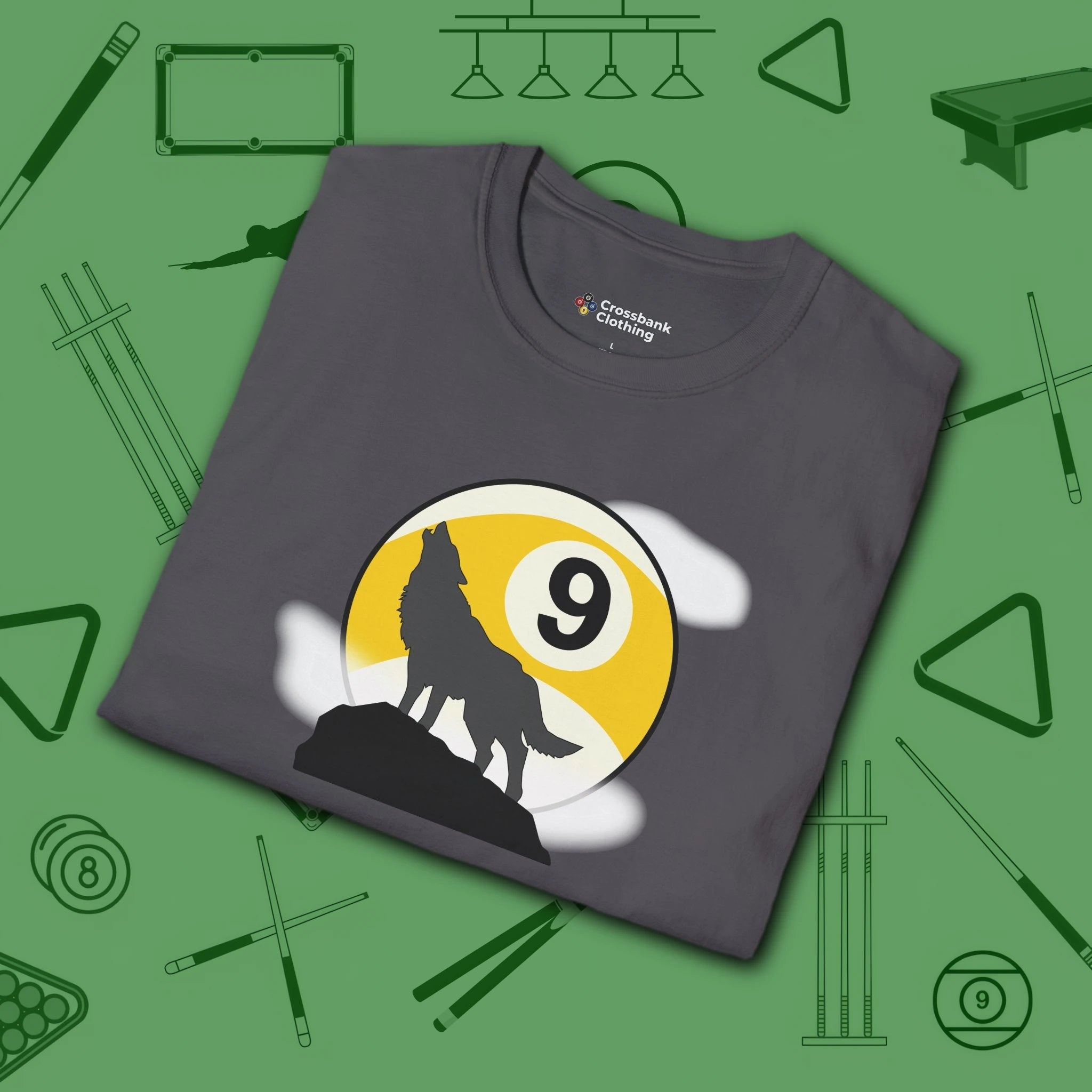 Howling Wolf T-Shirt, in Charcoal color, billiards shirt, folded view