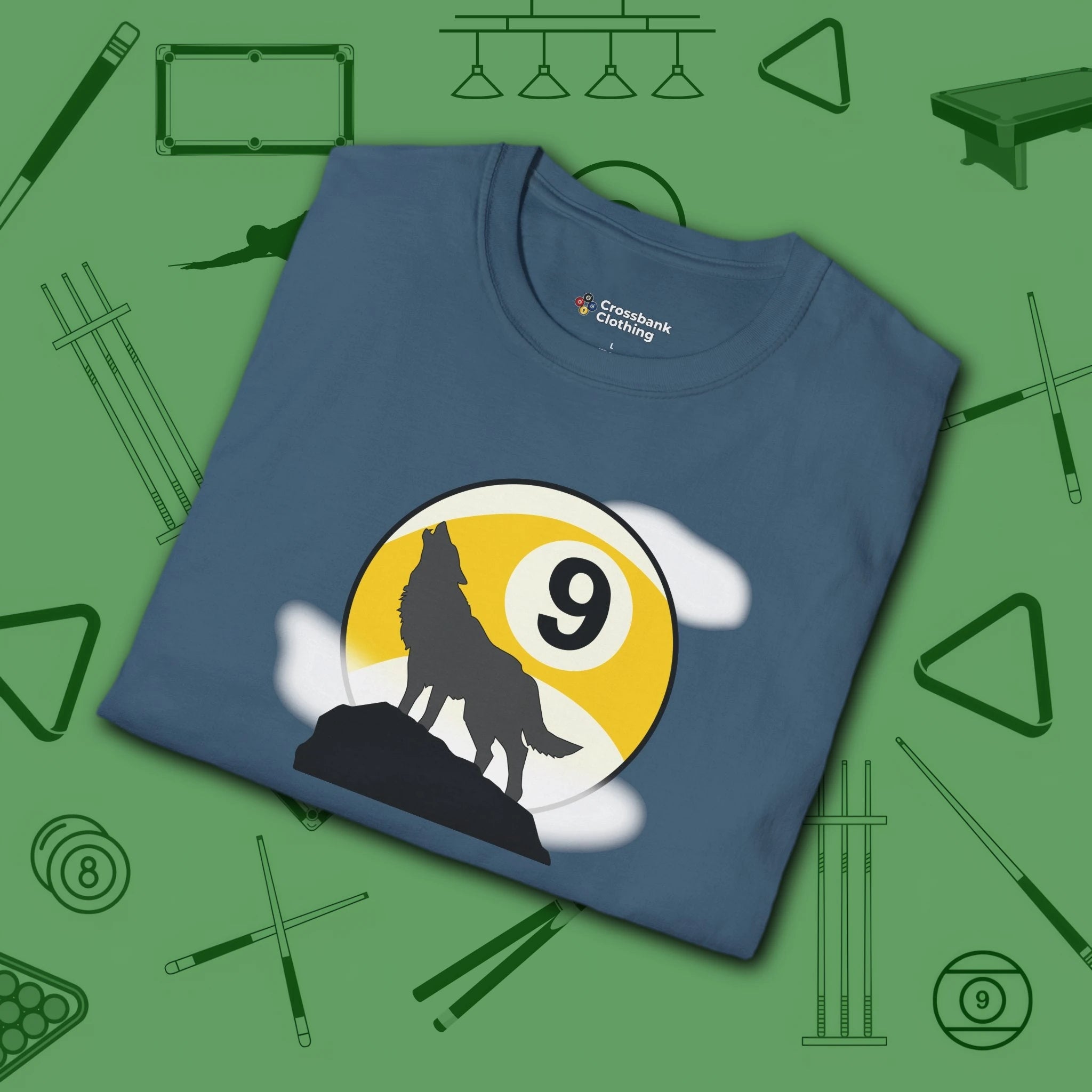 Howling Wolf T-Shirt, in Indigo Blue color, billiards shirt, folded view