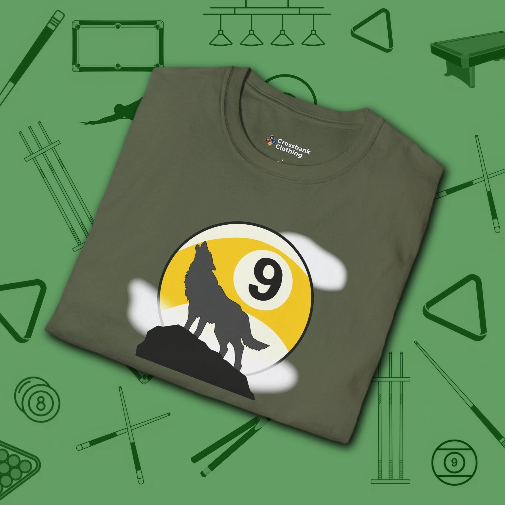 Howling Wolf T-Shirt, in Military Green color, billiards shirt, folded view