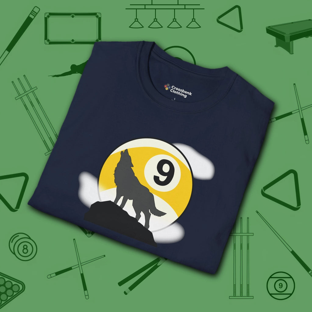 Howling Wolf T-Shirt, in Navy color, billiards shirt, folded view