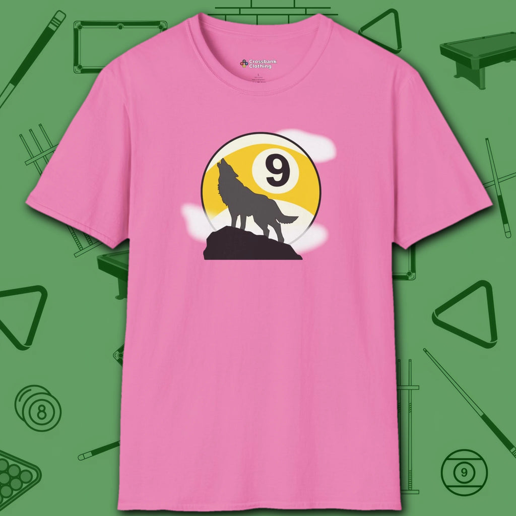 Howling Wolf T-Shirt, in Azalea color, billiards shirt, front view