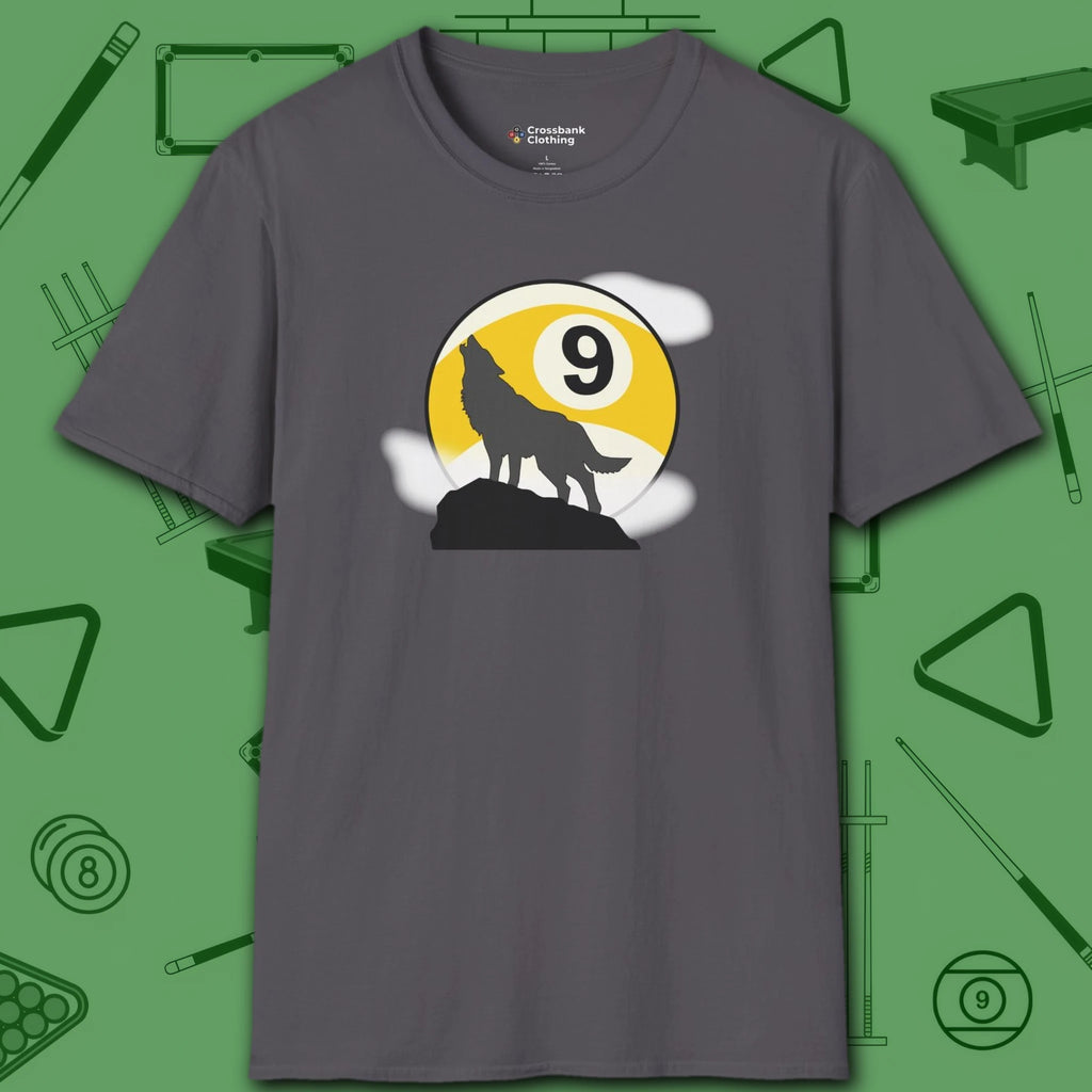 Howling Wolf T-Shirt, in Charcoal color, billiards shirt, front view