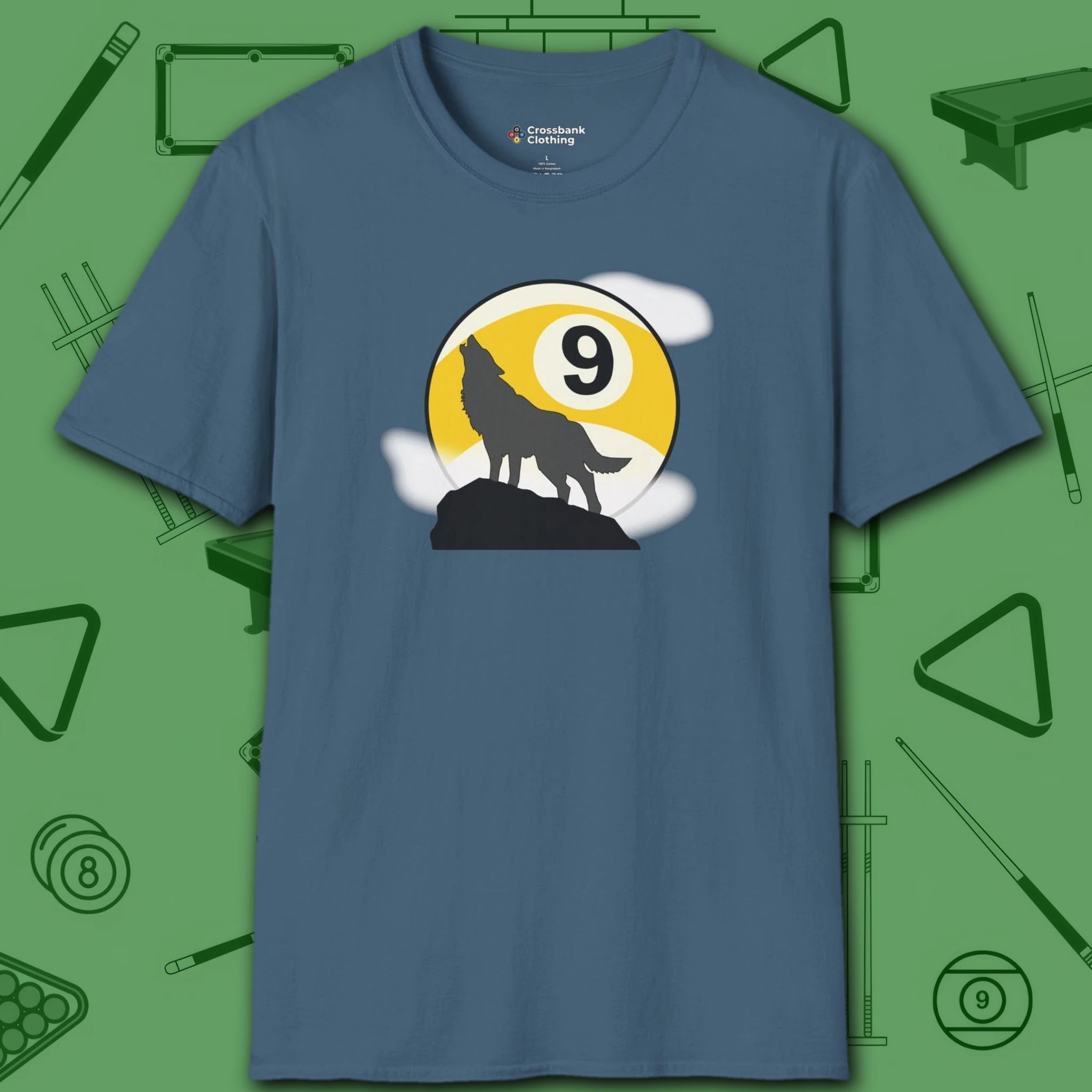 Howling Wolf T-Shirt, in Indigo Blue color, billiards shirt, front view