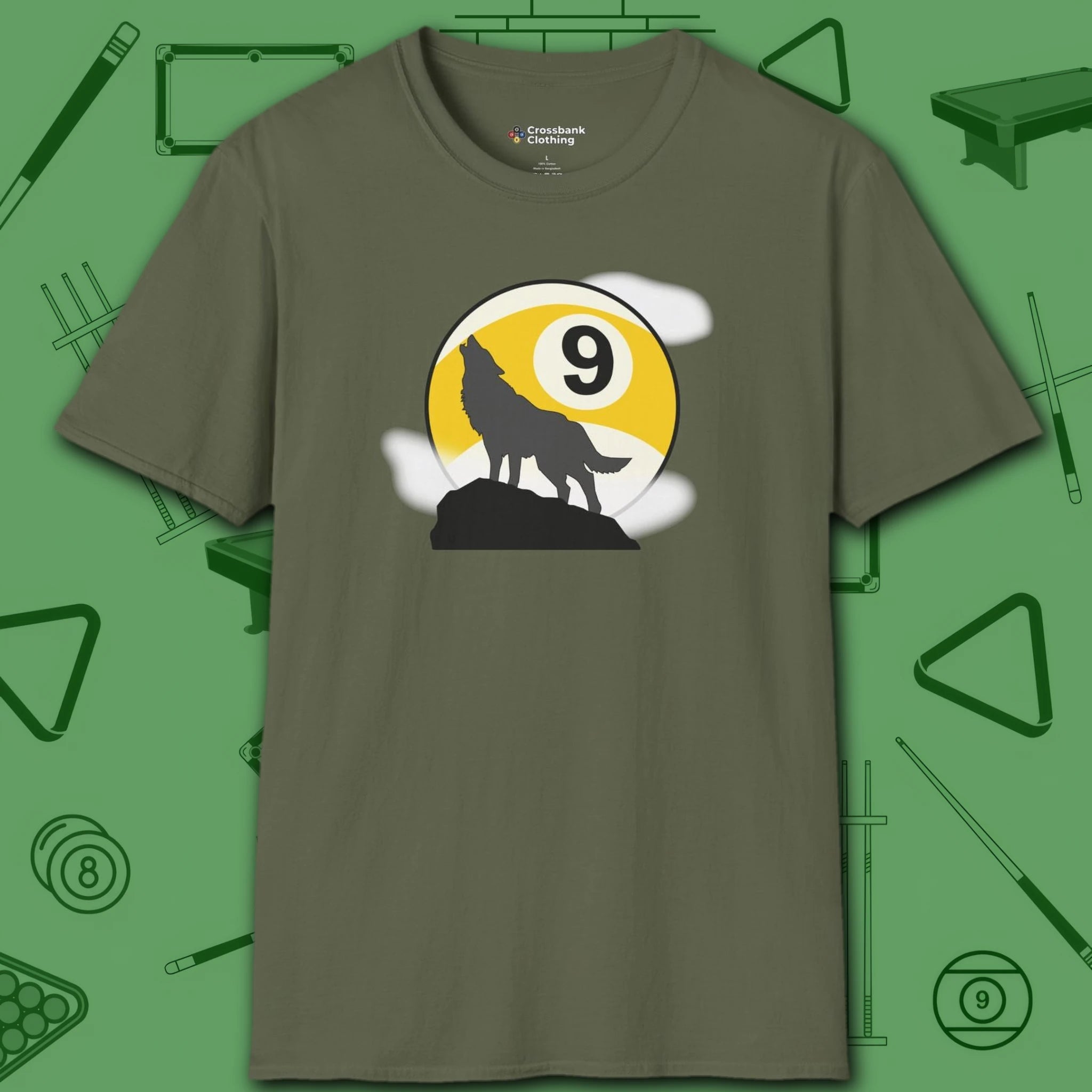 Howling Wolf T-Shirt, in Military Green color, billiards shirt, front view