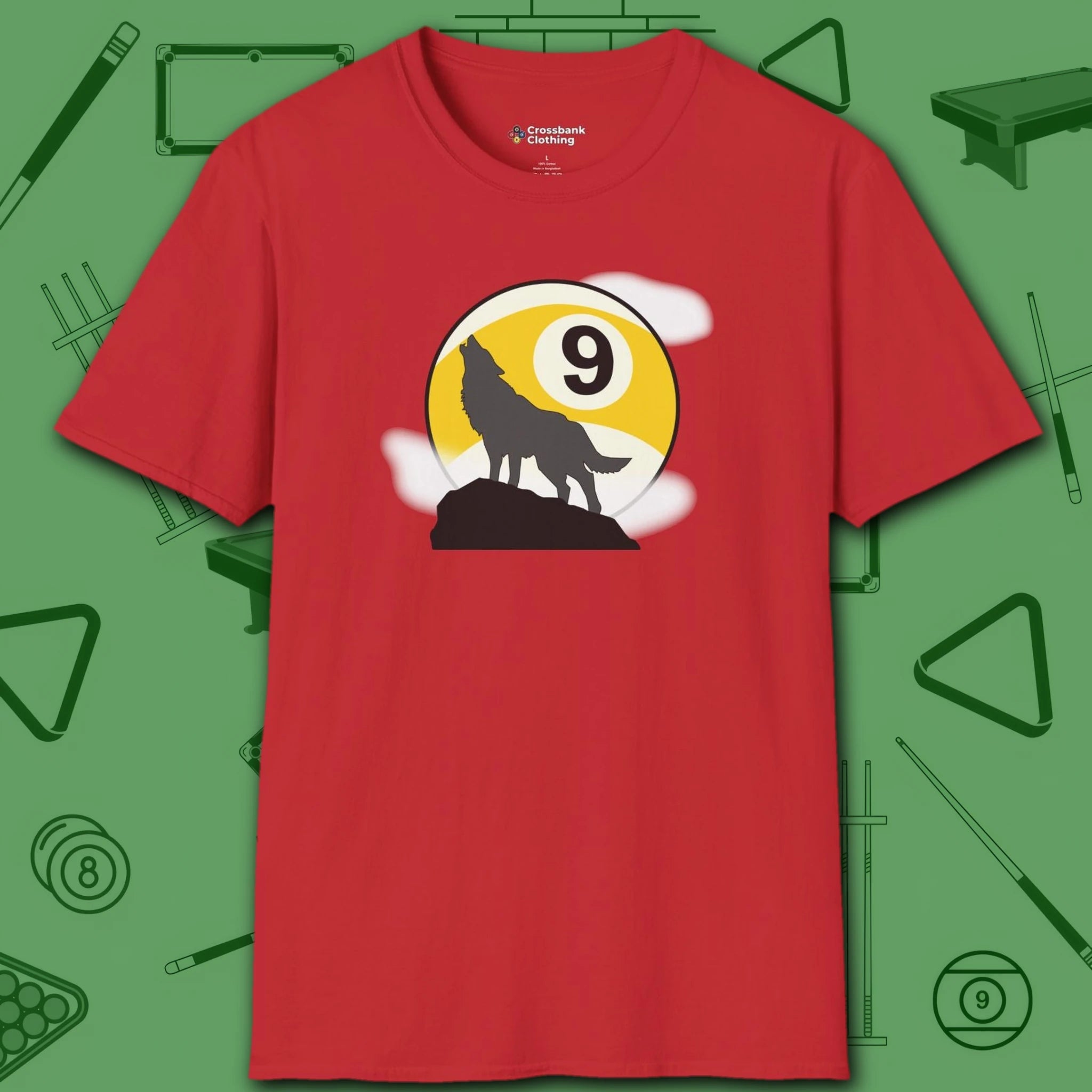 Howling Wolf T-Shirt, in Red color, billiards shirt, front view