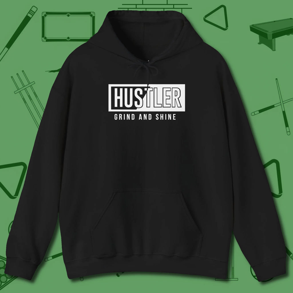 Hustler Grind and Shine Hoodie, front view, in Black subtle drip for serious shooters