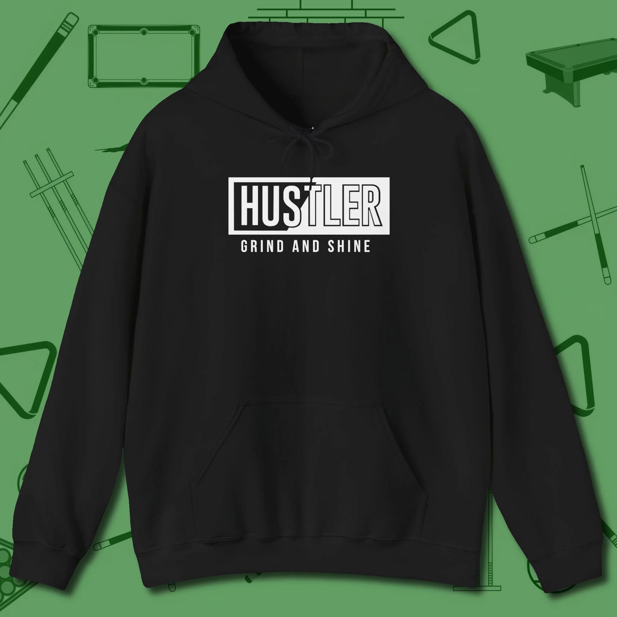 Hustler Grind and Shine Hoodie, front view, in Black subtle drip for serious shooters