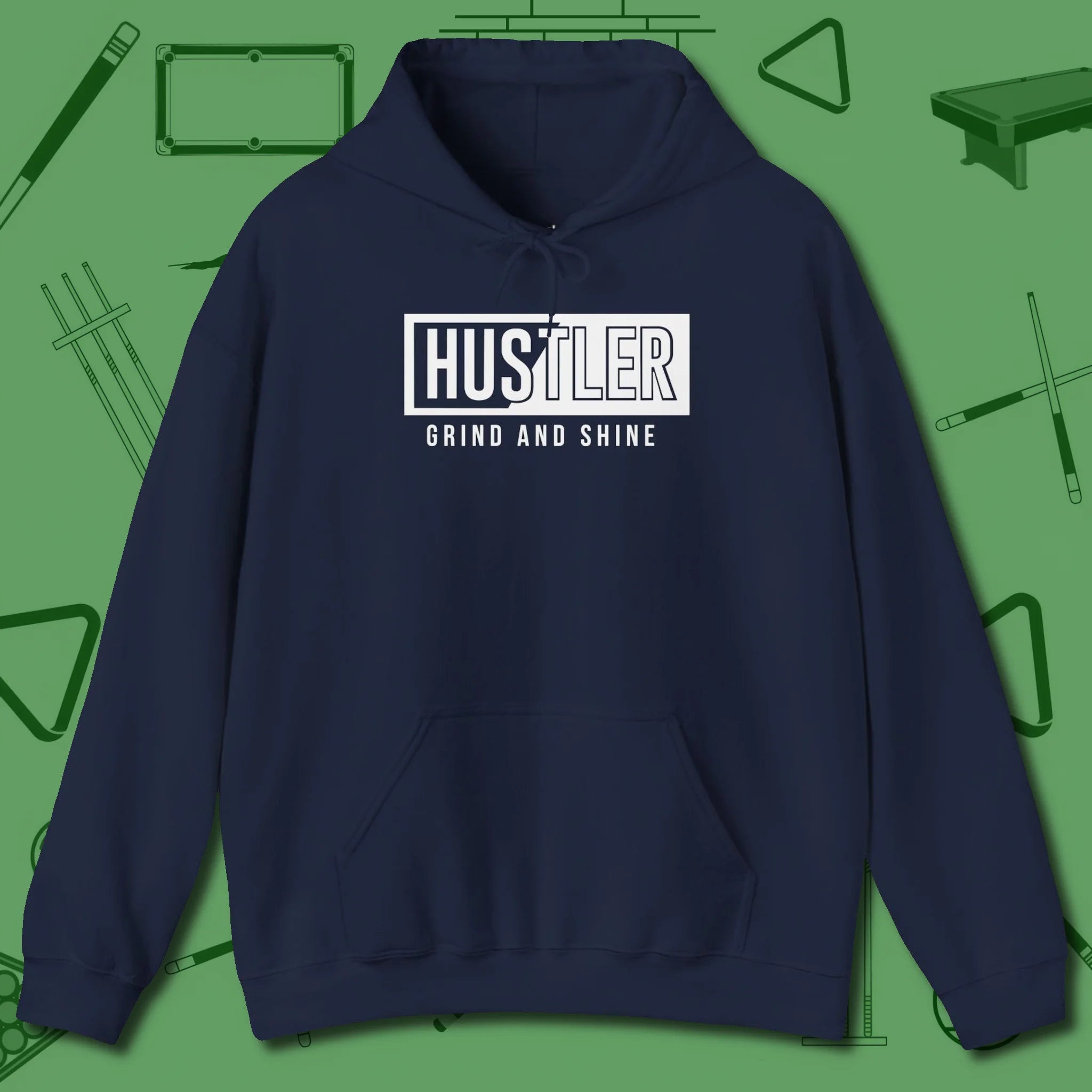 Hustler Grind and Shine Hoodie, front view, in Navy as serious as your stroke