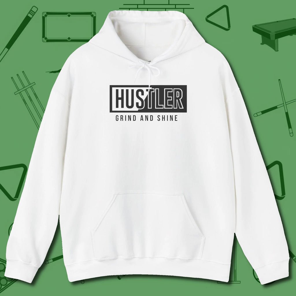 Hustler Grind and Shine Hoodie, front view, in White cue up respect every time you wear it