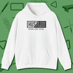 Hustler Grind and Shine Hoodie, front view, in White cue up respect every time you wear it