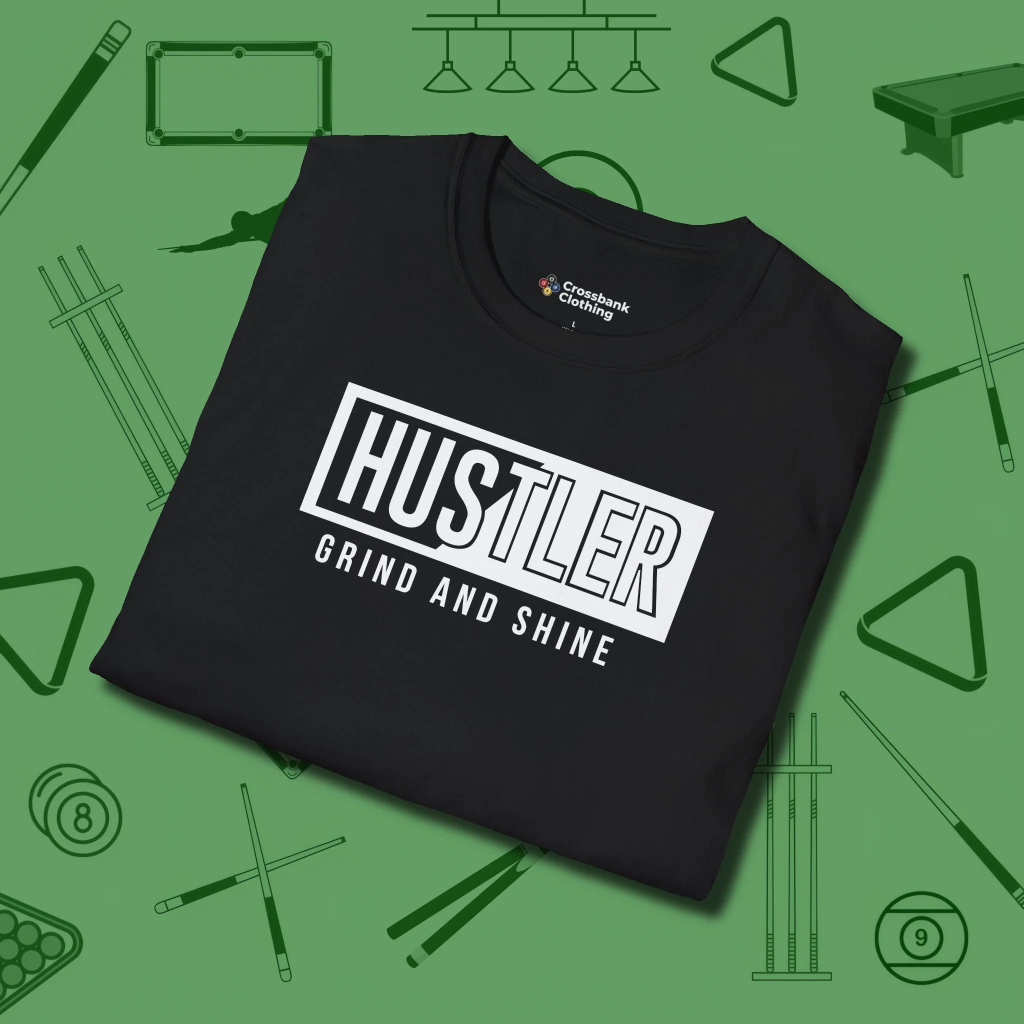 Hustler Grind and Shine T-Shirt, folded view, in Black like your stroke — smooth and deliberate