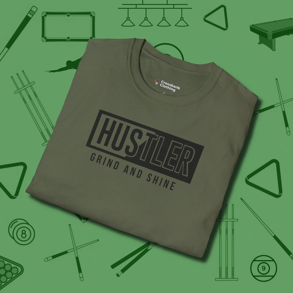 Hustler Grind and Shine T-Shirt, folded view, in Military Green for shooters who dress like they play: sharp