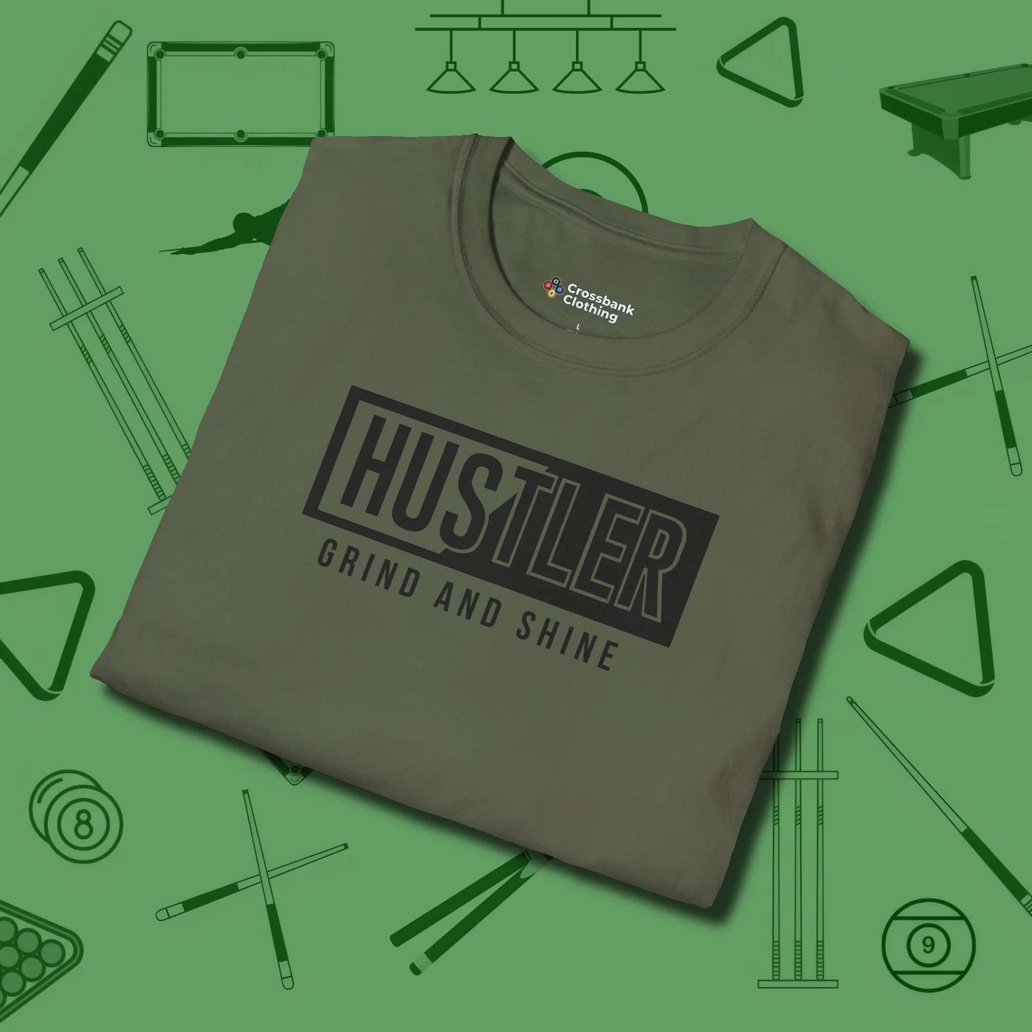 Hustler Grind and Shine T-Shirt, folded view, in Military Green for shooters who dress like they play: sharp