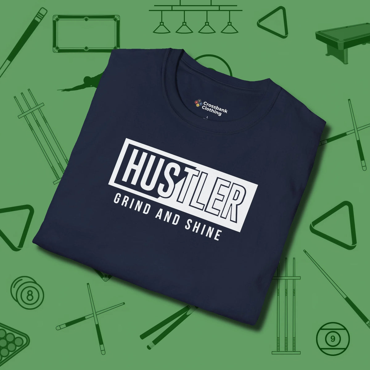Hustler Grind and Shine T-Shirt, folded view, in Navy for hustlers who keep it honest