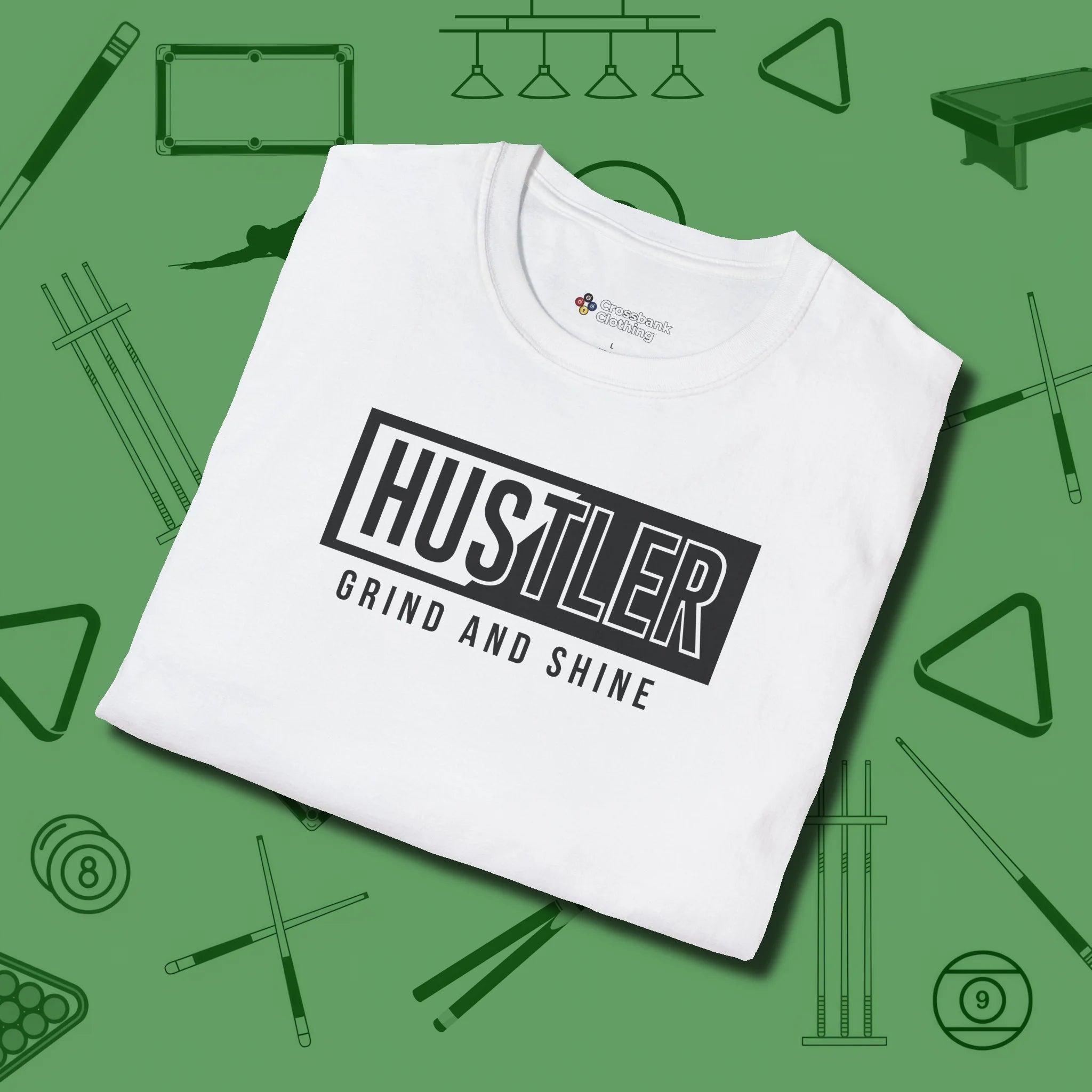 Hustler Grind and Shine T-Shirt, folded view, in White precise, confident, always in control