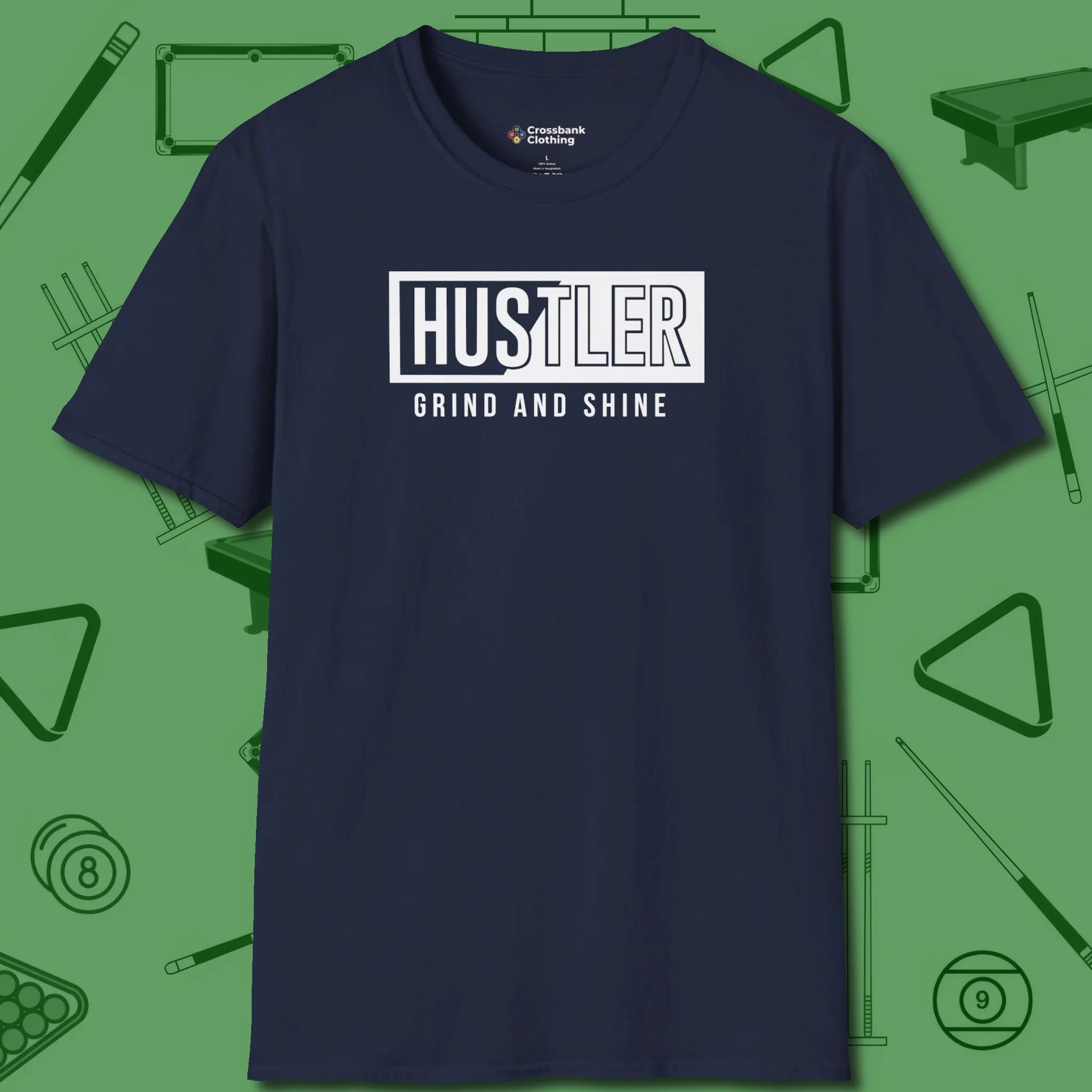 Hustler Grind and Shine T-Shirt, front view, in Navy play in style, win in silence