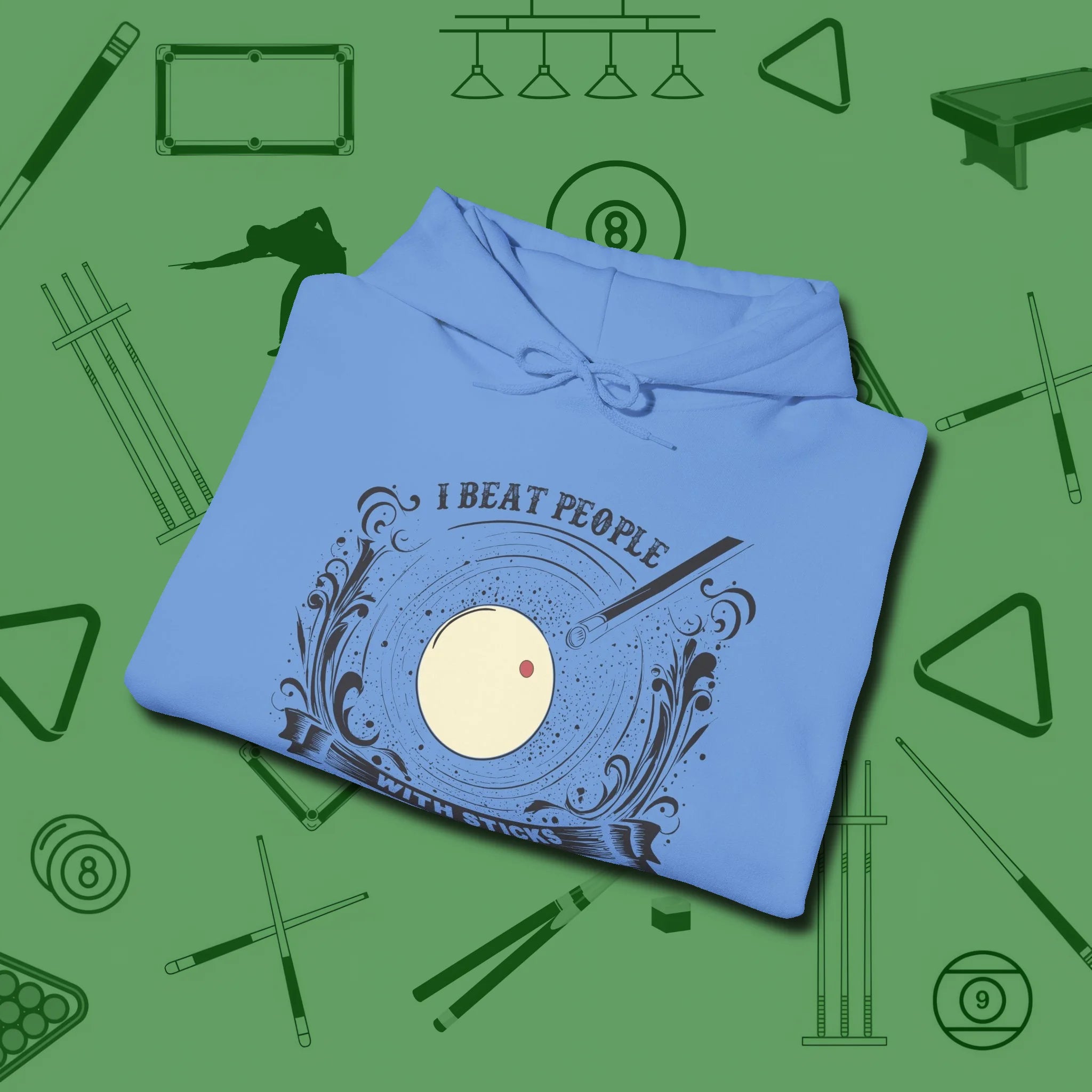 I Beat People With Sticks Hoodie, folded view, in Carolina Blue your secret weapon off the table